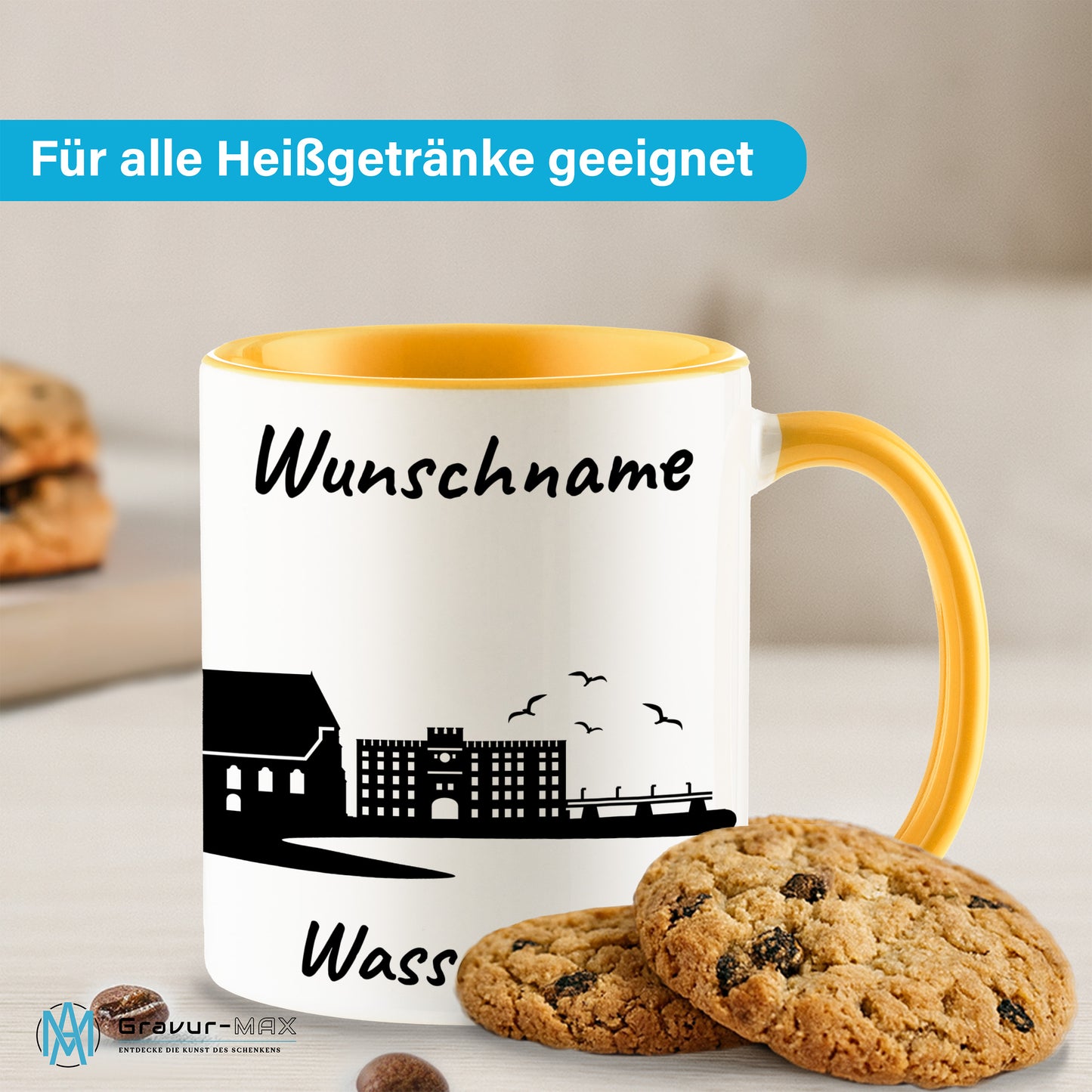 Tasse in Goldgelb 330ml bedruckt mit der Skyline von Wasserburg personalisierbar mit Wunschname