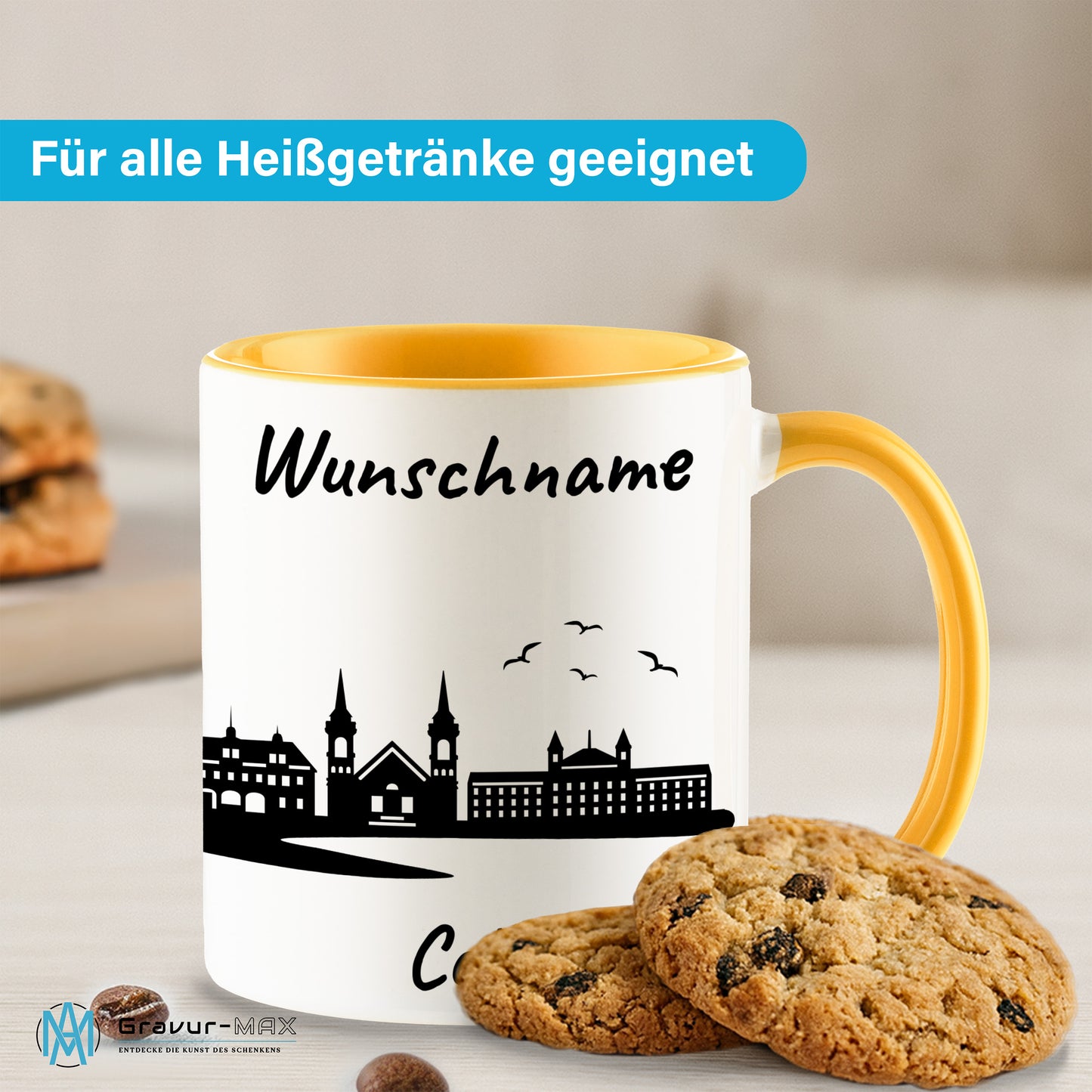 Tasse in Goldgelb 330ml bedruckt mit der Skyline von Celle personalisierbar mit Wunschname