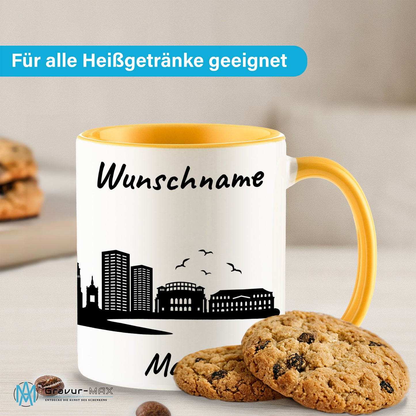 Tasse in Goldgelb 330ml bedruckt mit der Skyline von Mainz personalisierbar mit Wunschname