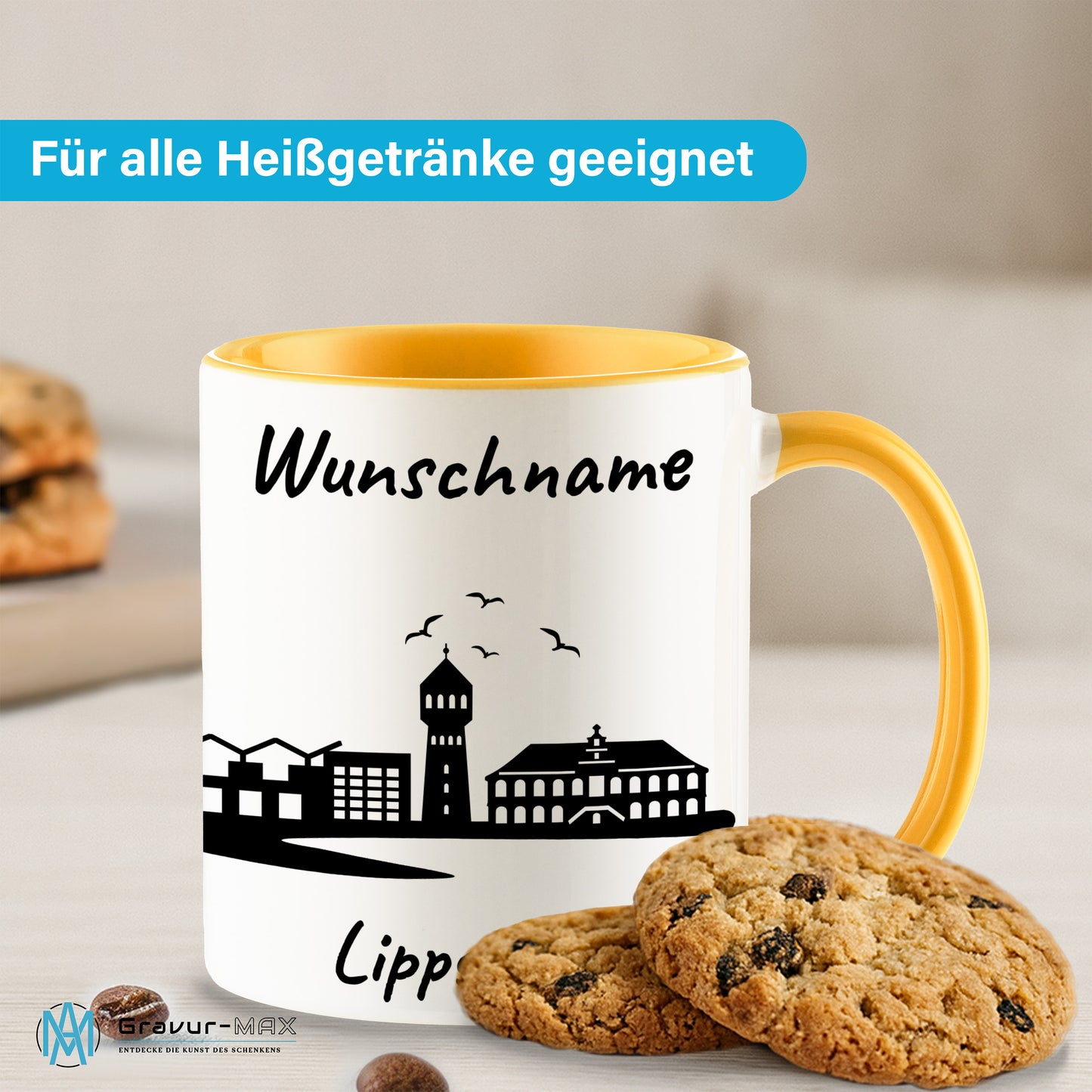 Tasse in Goldgelb 330ml bedruckt mit der Skyline von Lippstadt personalisierbar mit Wunschname