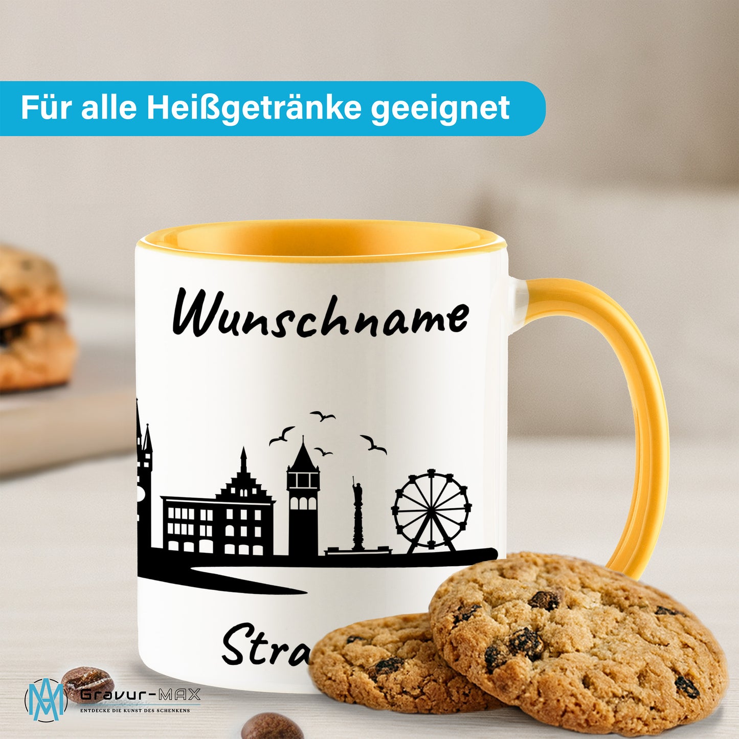Tasse in Goldgelb 330ml bedruckt mit der Skyline von Straubing personalisierbar mit Wunschname
