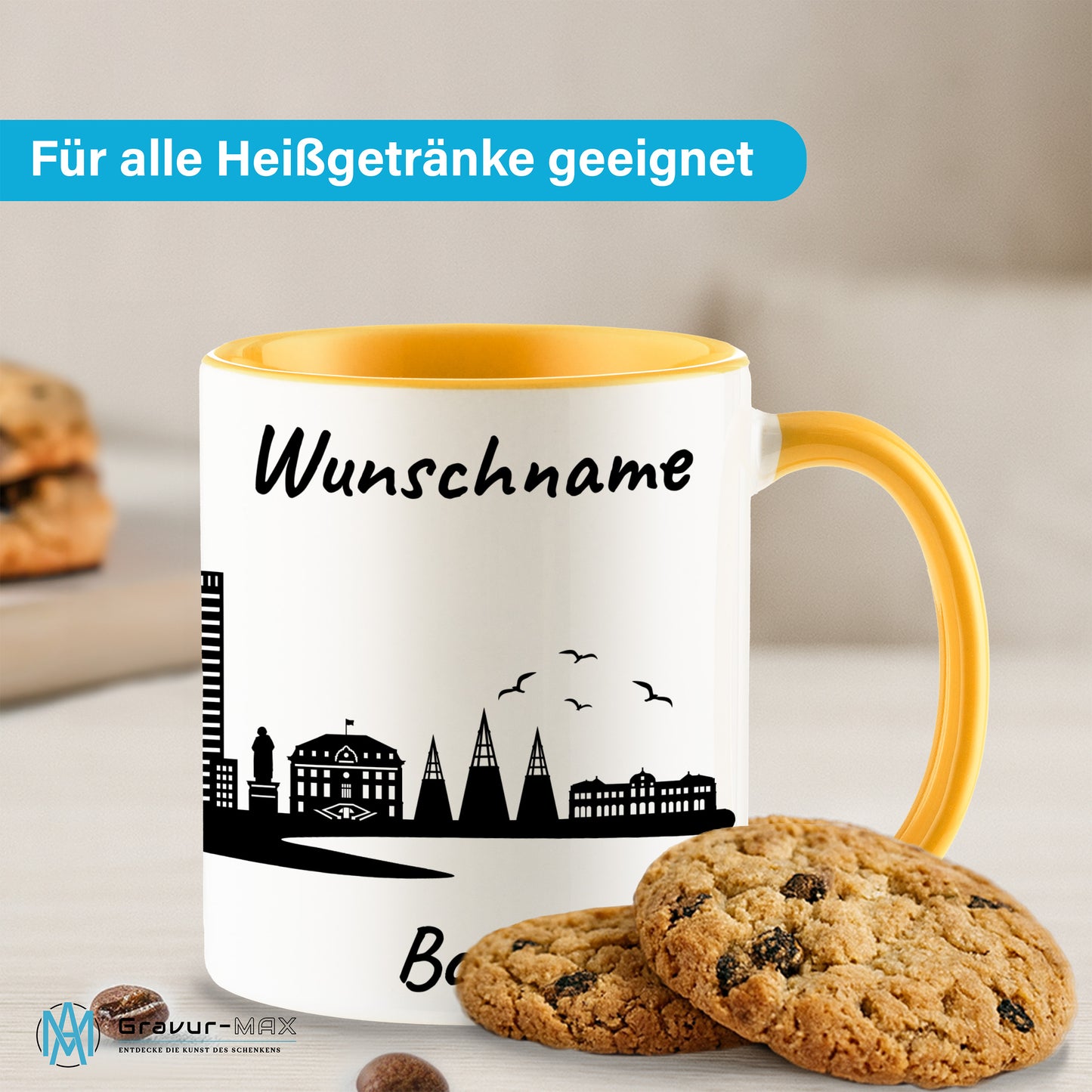 Tasse in Goldgelb 330ml bedruckt mit der Skyline von Bonn personalisierbar mit Wunschname