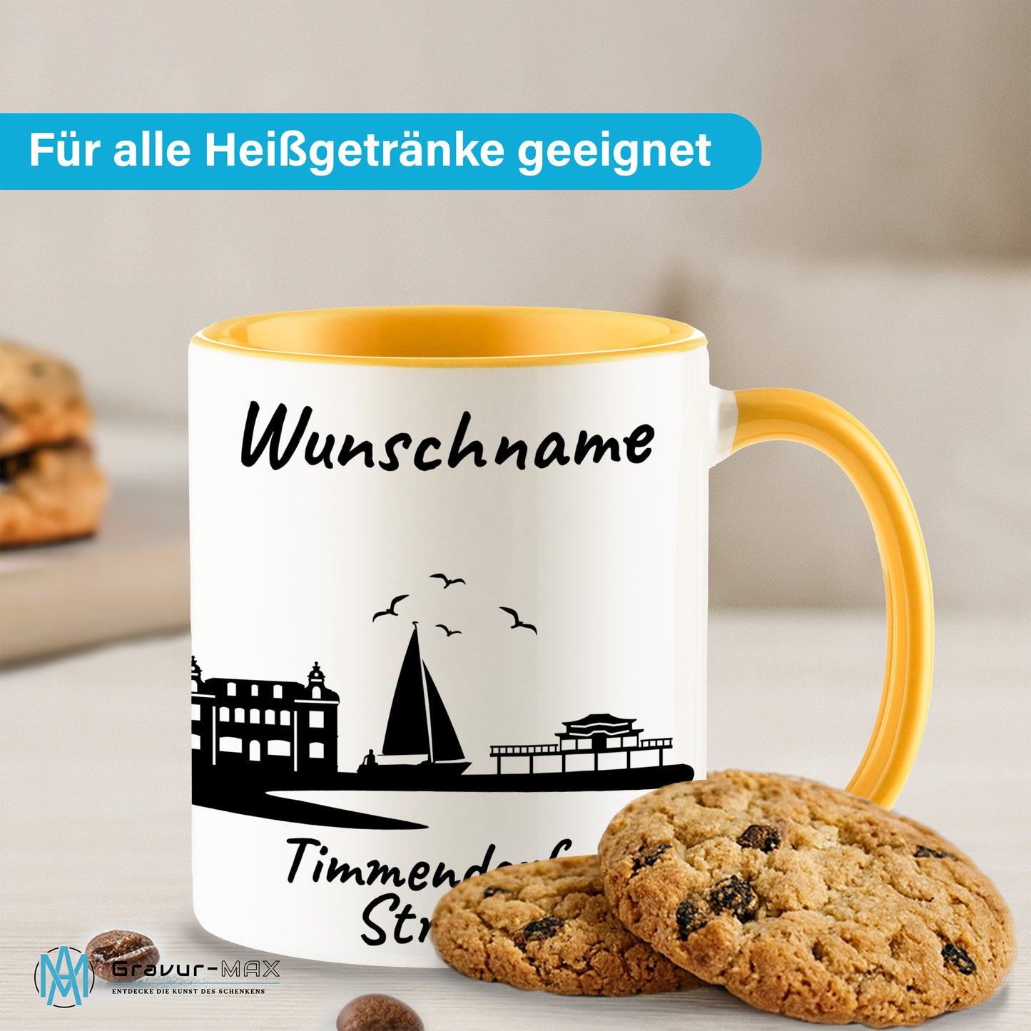Tasse in Goldgelb 330ml bedruckt mit der Skyline von Timmendorfer Strand personalisierbar mit Wunschname