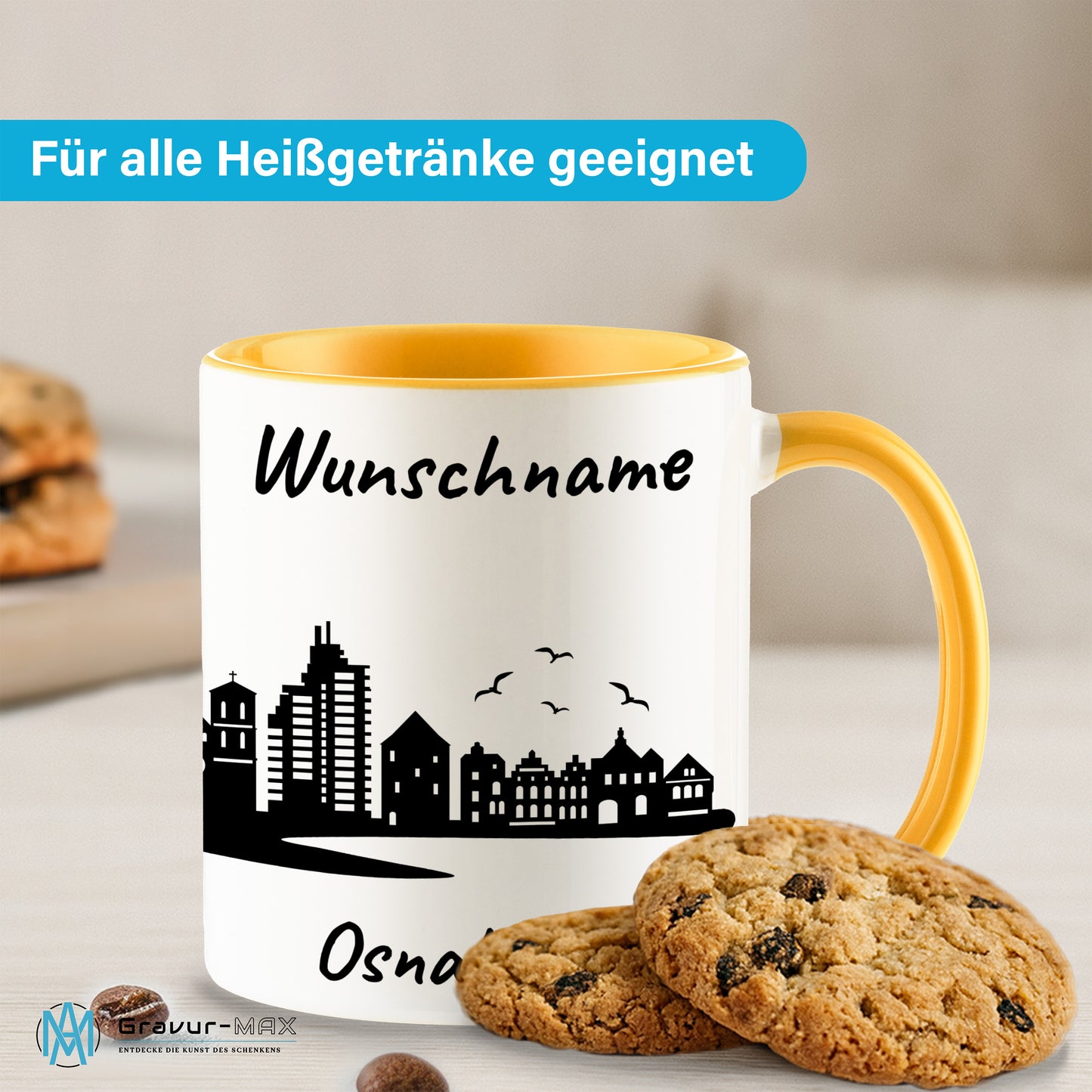 Tasse in Goldgelb 330ml bedruckt mit der Skyline von Osnabrück personalisierbar mit Wunschname