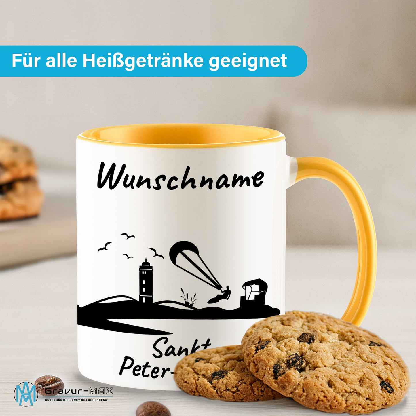 Tasse in Goldgelb 330ml bedruckt mit der Skyline von Sankt Peter-Ording personalisierbar mit Wunschname