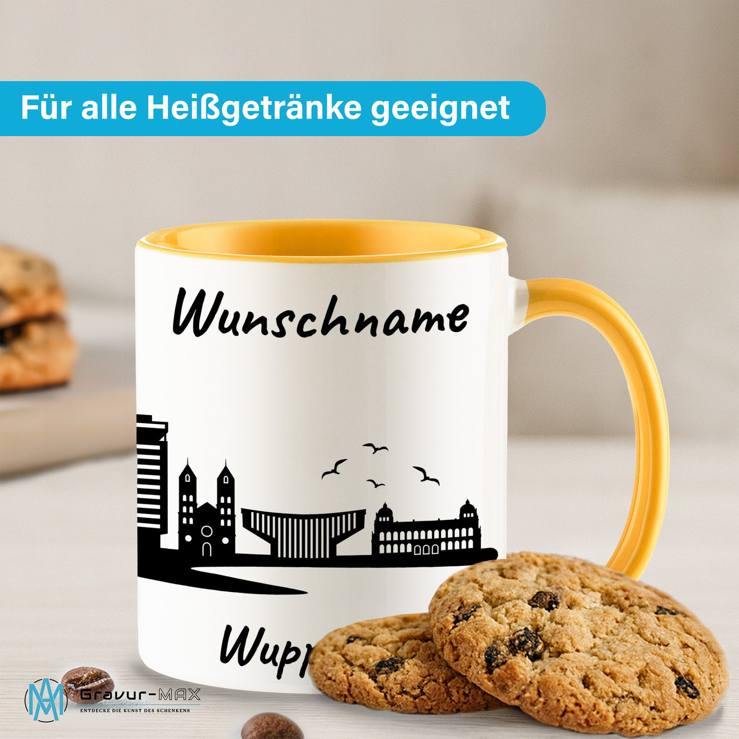 Tasse in Goldgelb 330ml bedruckt mit der Skyline von Wuppertal personalisierbar mit Wunschname