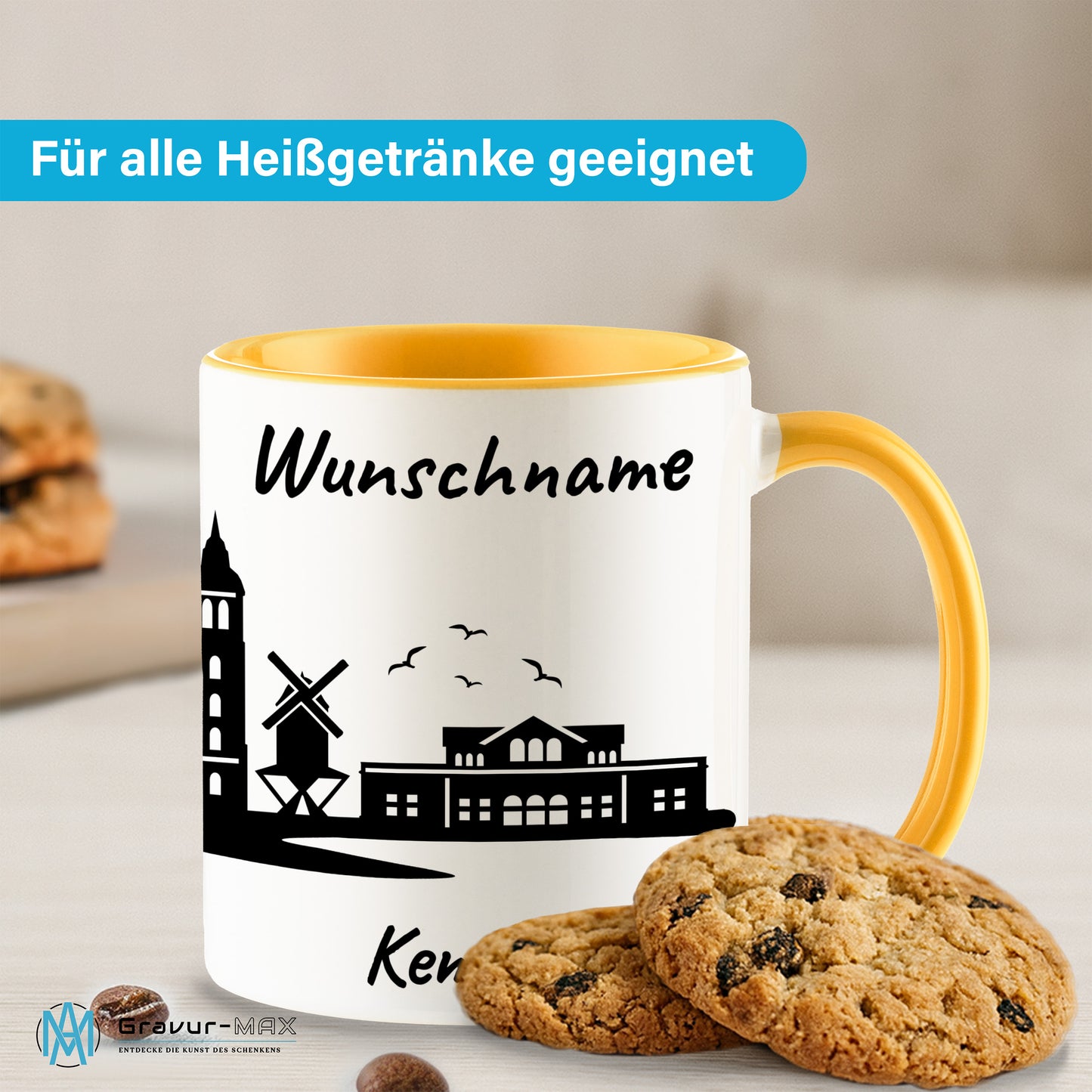 Tasse in Goldgelb 330ml bedruckt mit der Skyline von Kempen personalisierbar mit Wunschname