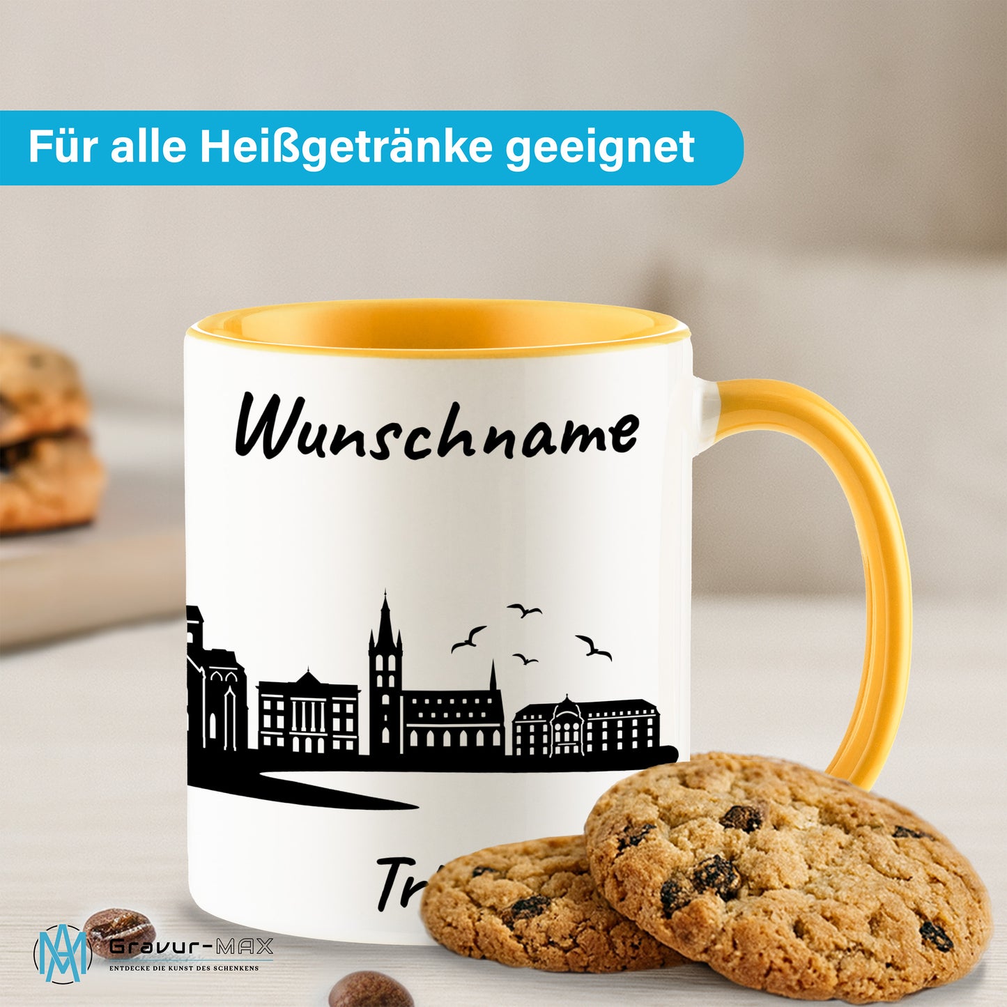 Tasse in Goldgelb 330ml bedruckt mit der Skyline von Trier personalisierbar mit Wunschname