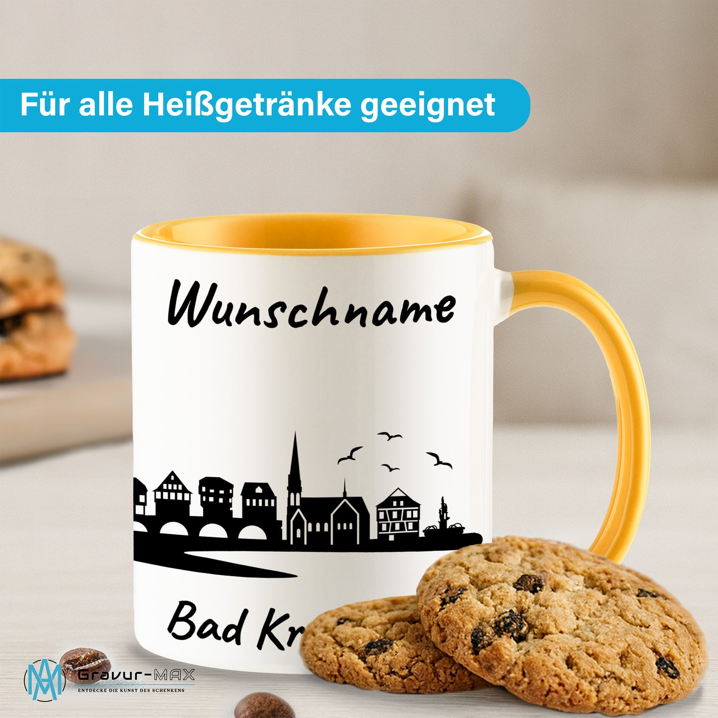 Tasse in Goldgelb 330ml bedruckt mit der Skyline von Bad Kreuznach personalisierbar mit Wunschname