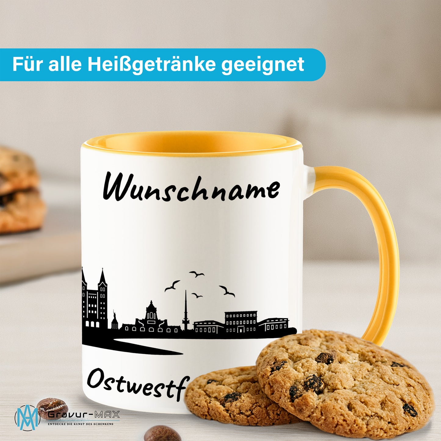 Tasse in Goldgelb 330ml bedruckt mit der Skyline von Ostwestfalen-Lippe personalisierbar mit Wunschname