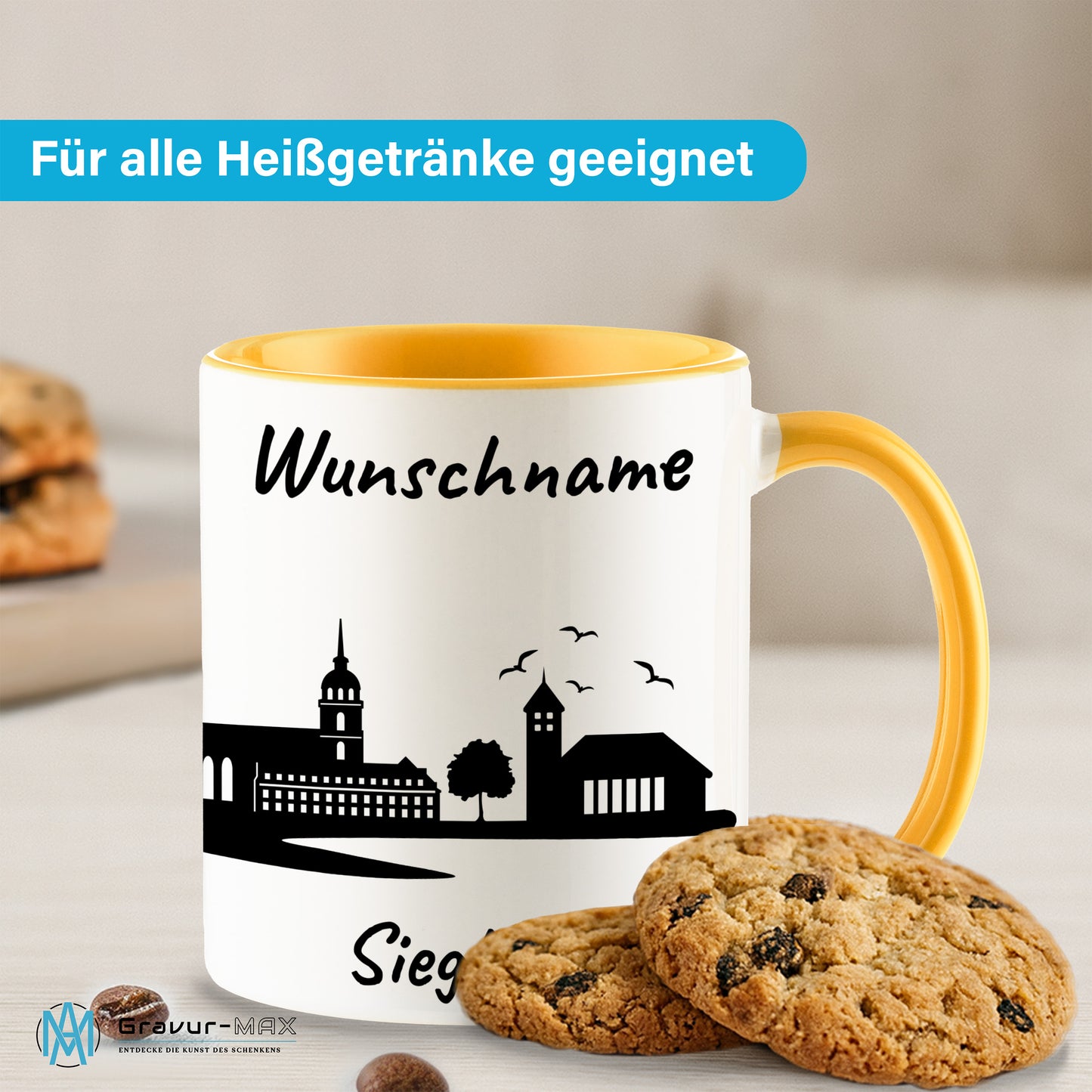 Tasse in Goldgelb 330ml bedruckt mit der Skyline von Siegburg personalisierbar mit Wunschname