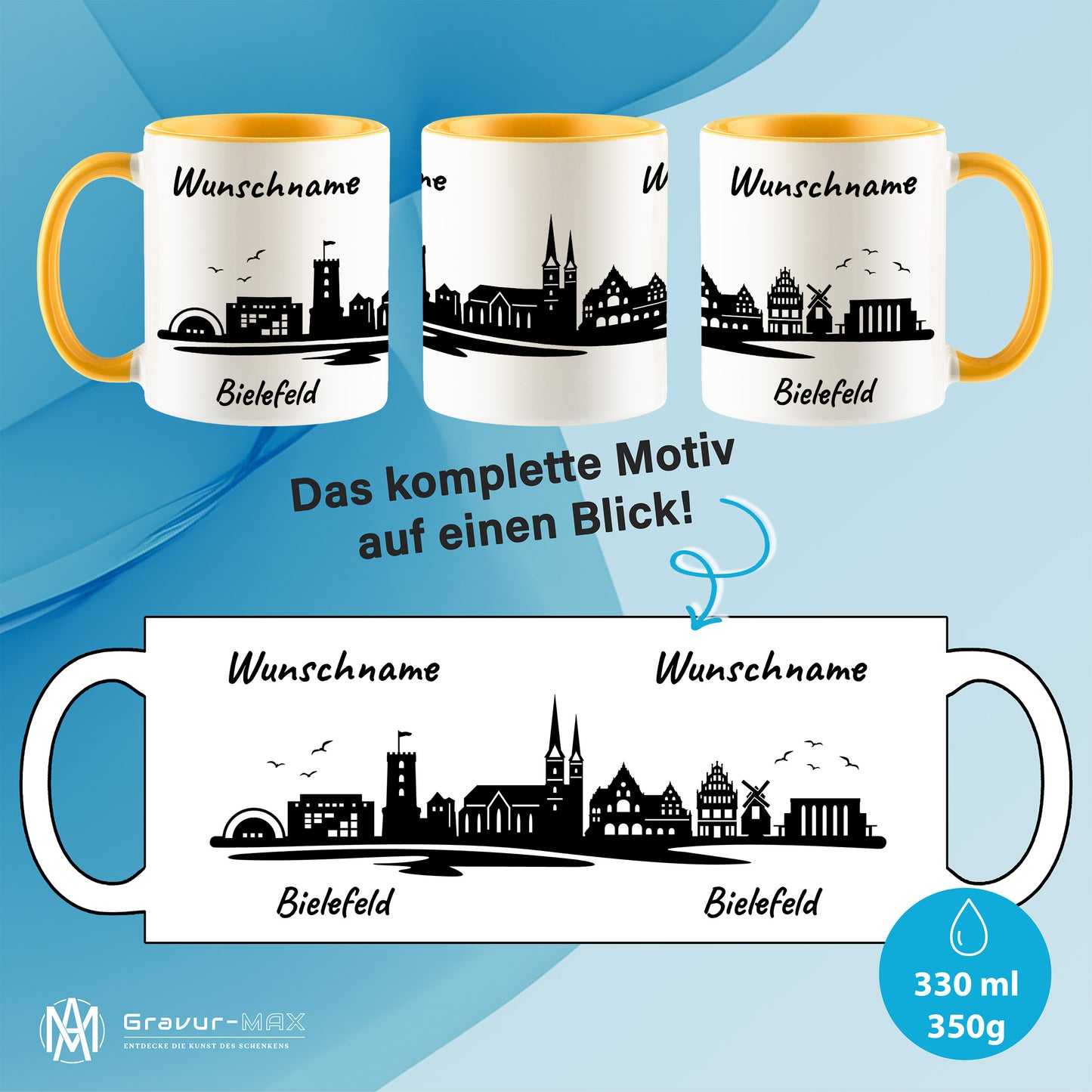 Tasse in Goldgelb 330ml bedruckt mit der Skyline von Bielefeld personalisierbar mit Wunschname
