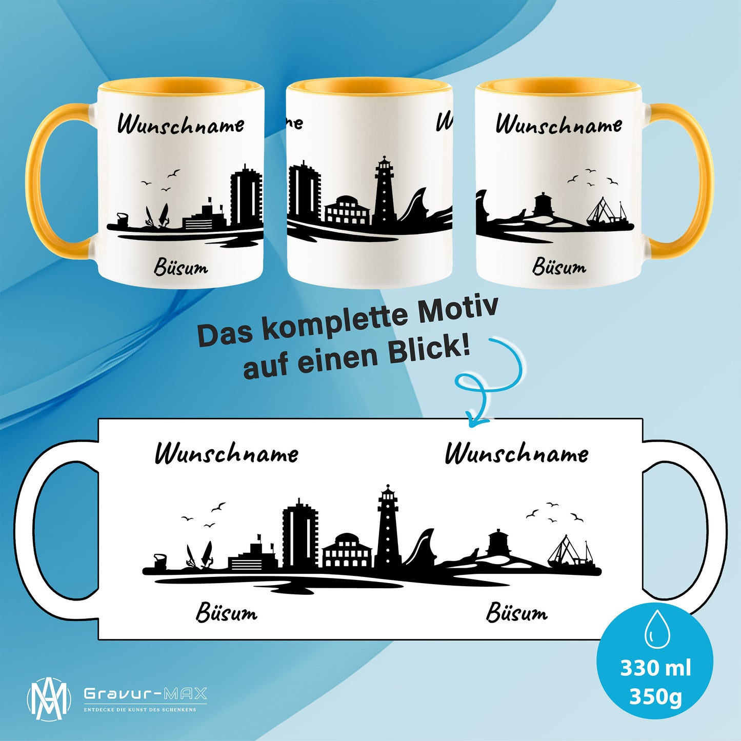 Tasse in Goldgelb 330ml bedruckt mit der Skyline von Büsum personalisierbar mit Wunschname
