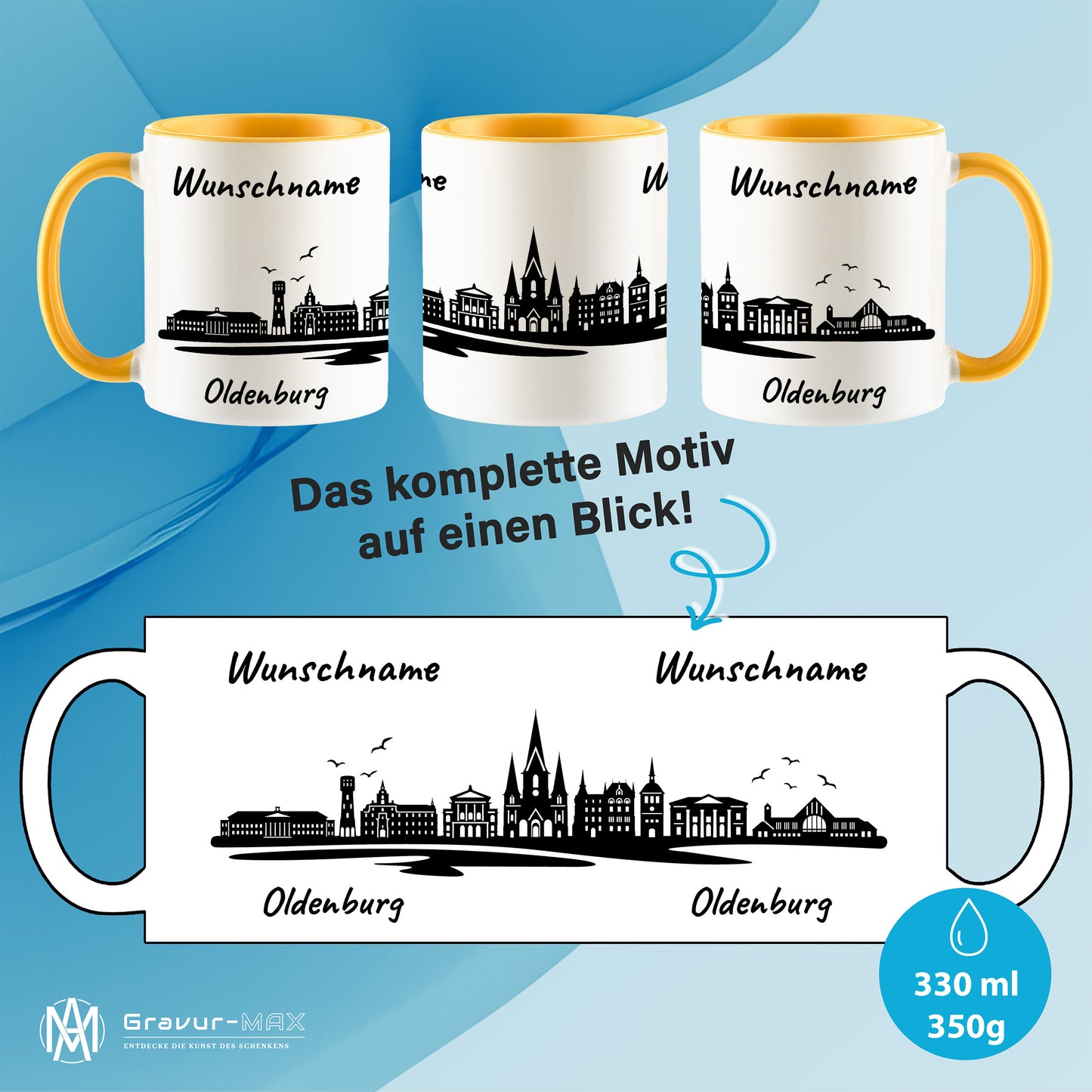 Tasse in Goldgelb 330ml bedruckt mit der Skyline von Oldenburg personalisierbar mit Wunschname