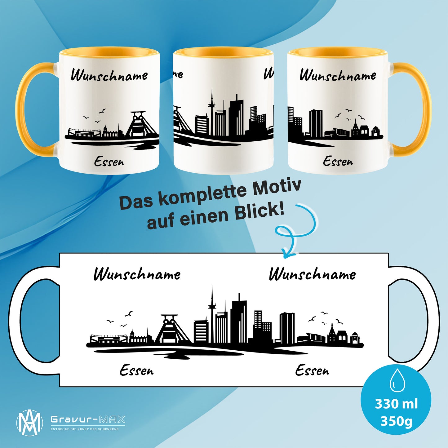 Tasse in Goldgelb 330ml bedruckt mit der Skyline von Essen personalisierbar mit Wunschname