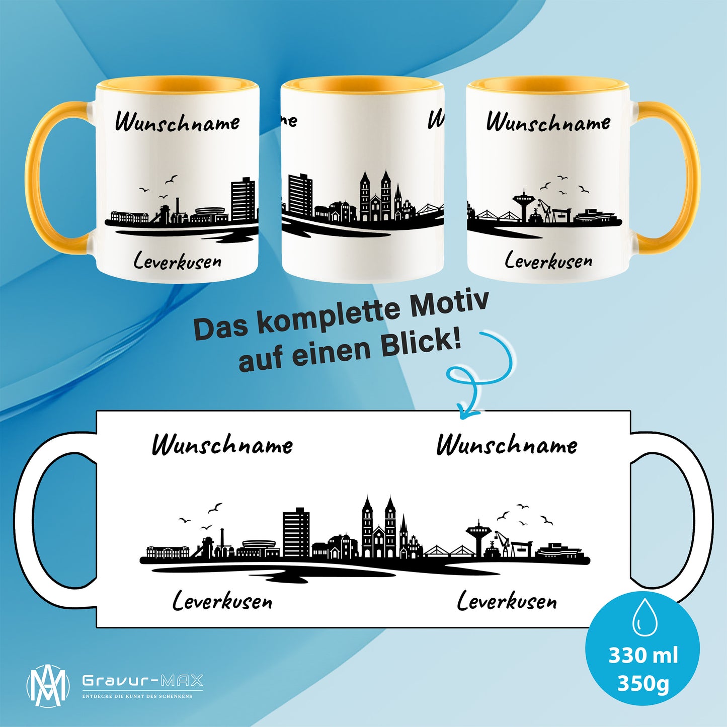 Tasse in Goldgelb 330ml bedruckt mit der Skyline von Leverkusen personalisierbar mit Wunschname
