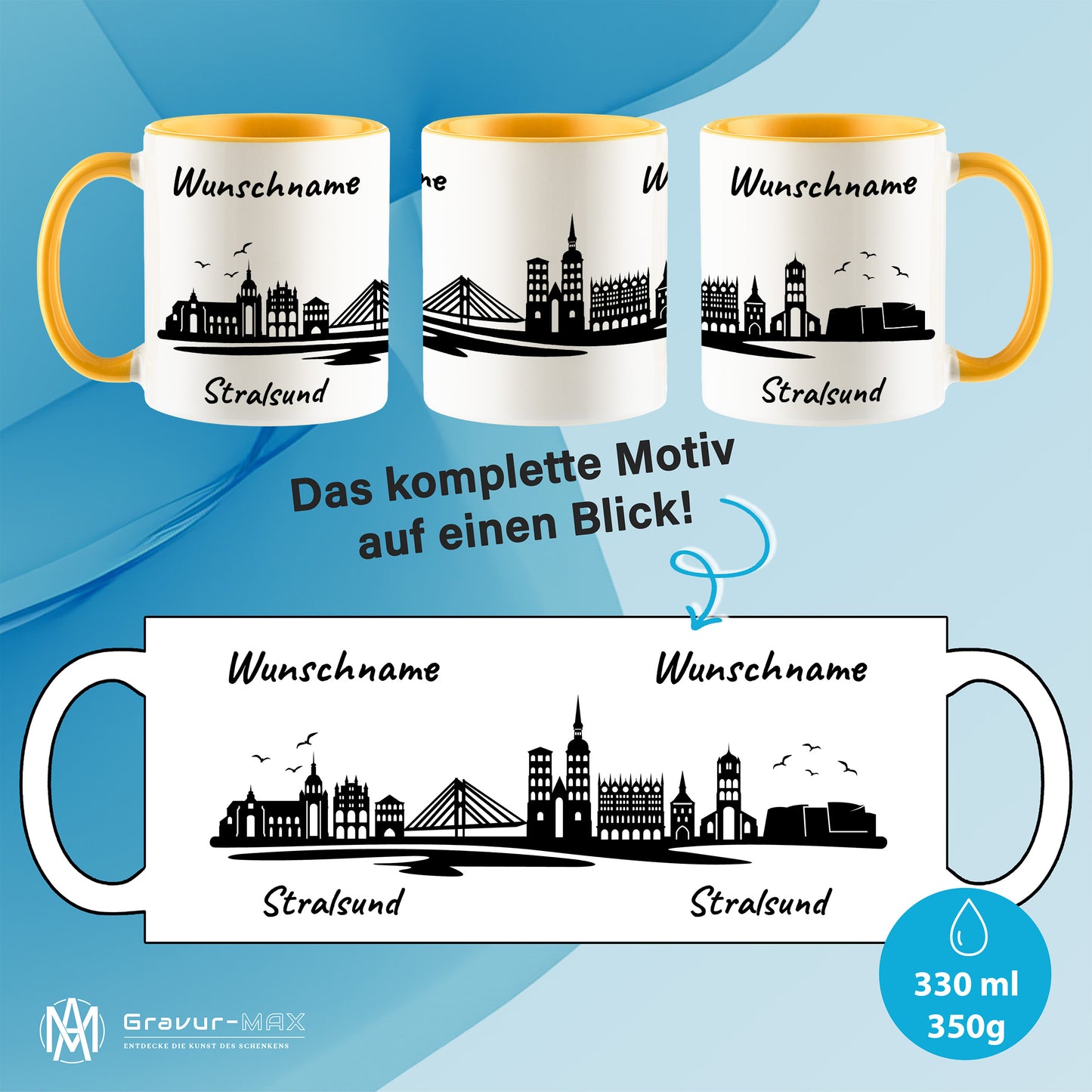 Tasse in Goldgelb 330ml bedruckt mit der Skyline von Stralsund personalisierbar mit Wunschname