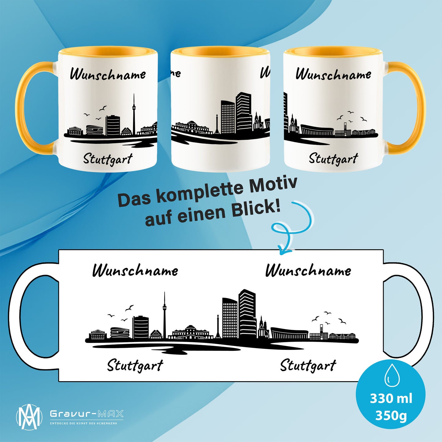 Tasse in Goldgelb 330ml bedruckt mit der Skyline von Stuttgart personalisierbar mit Wunschname