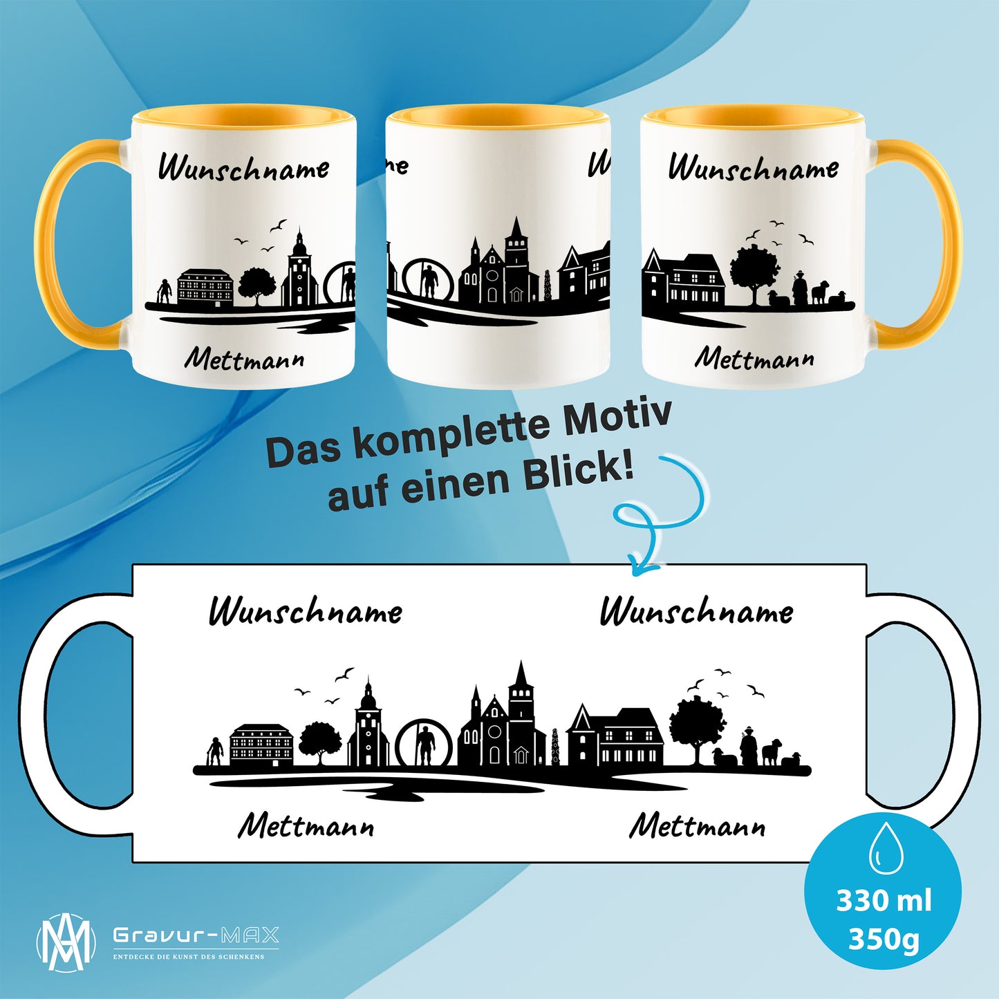Tasse in Goldgelb 330ml bedruckt mit der Skyline von Mettmann personalisierbar mit Wunschname