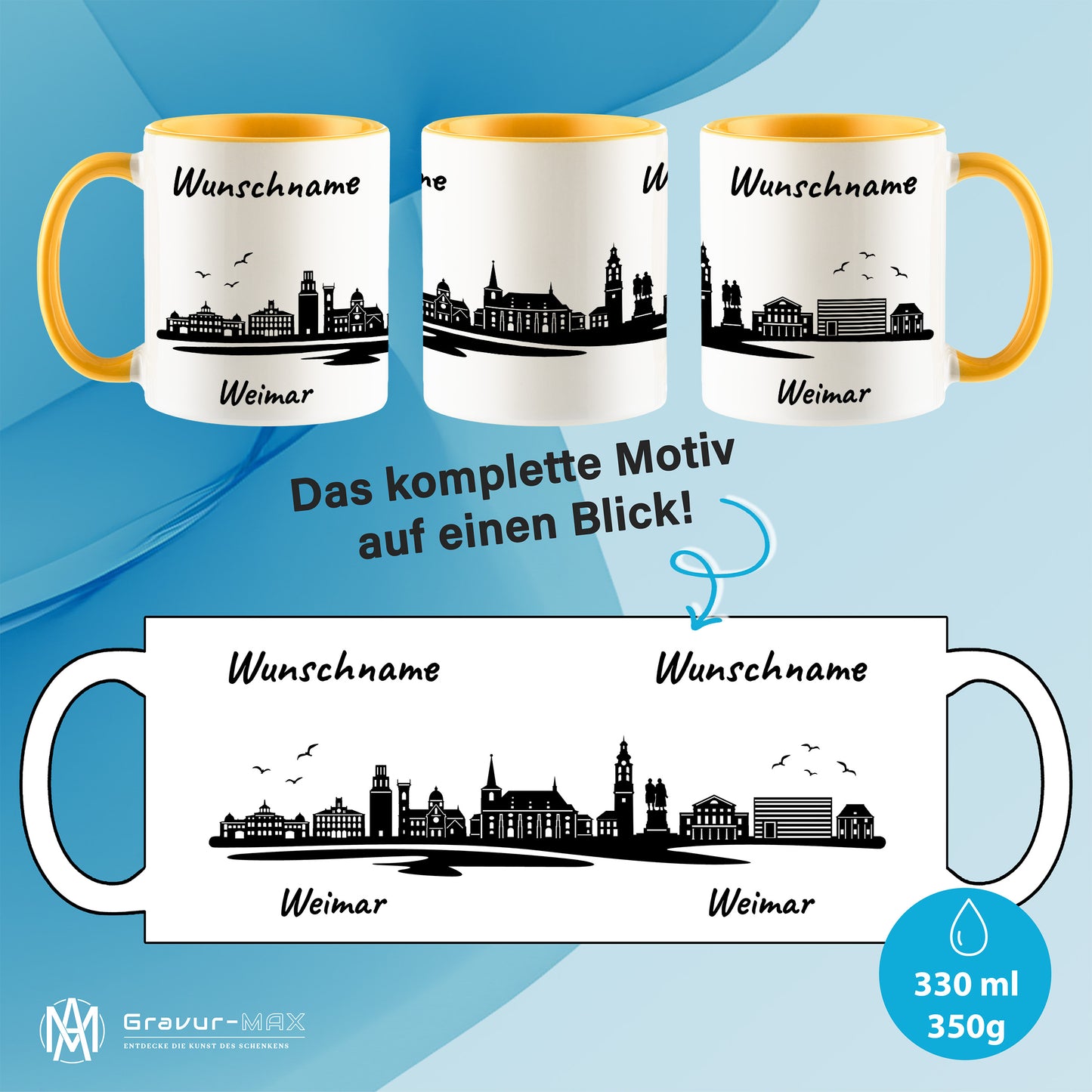Tasse in Goldgelb 330ml bedruckt mit der Skyline von Weimar personalisierbar mit Wunschname