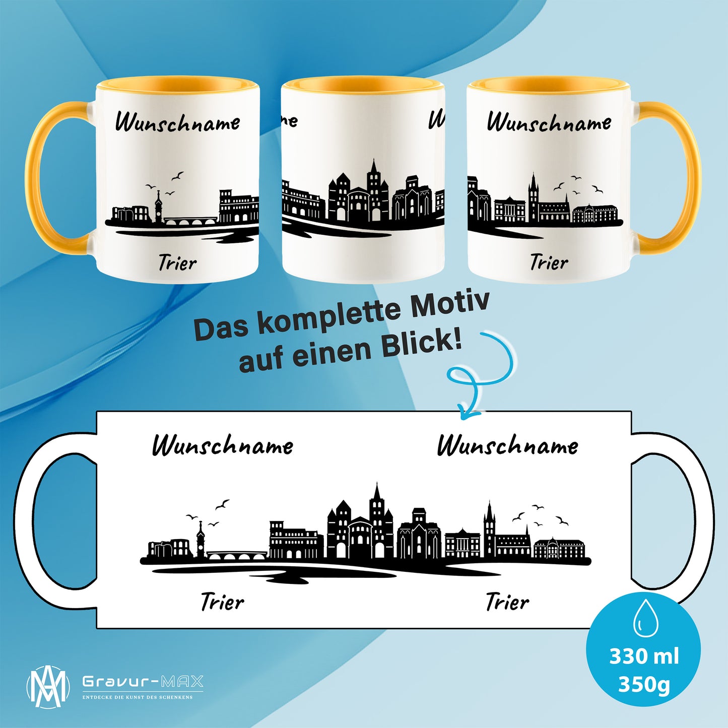Tasse in Goldgelb 330ml bedruckt mit der Skyline von Trier personalisierbar mit Wunschname