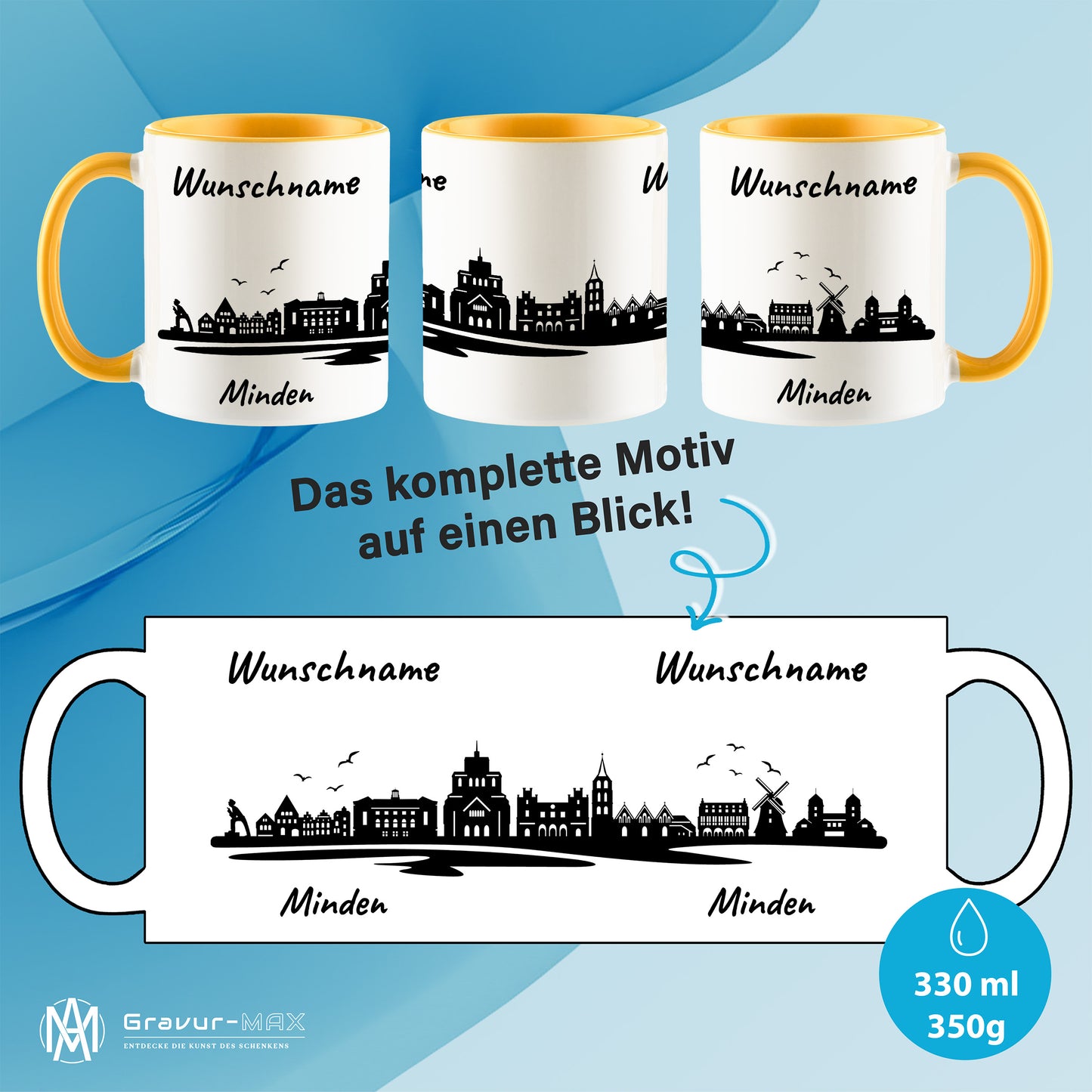 Tasse in Goldgelb 330ml bedruckt mit der Skyline von Minden personalisierbar mit Wunschname