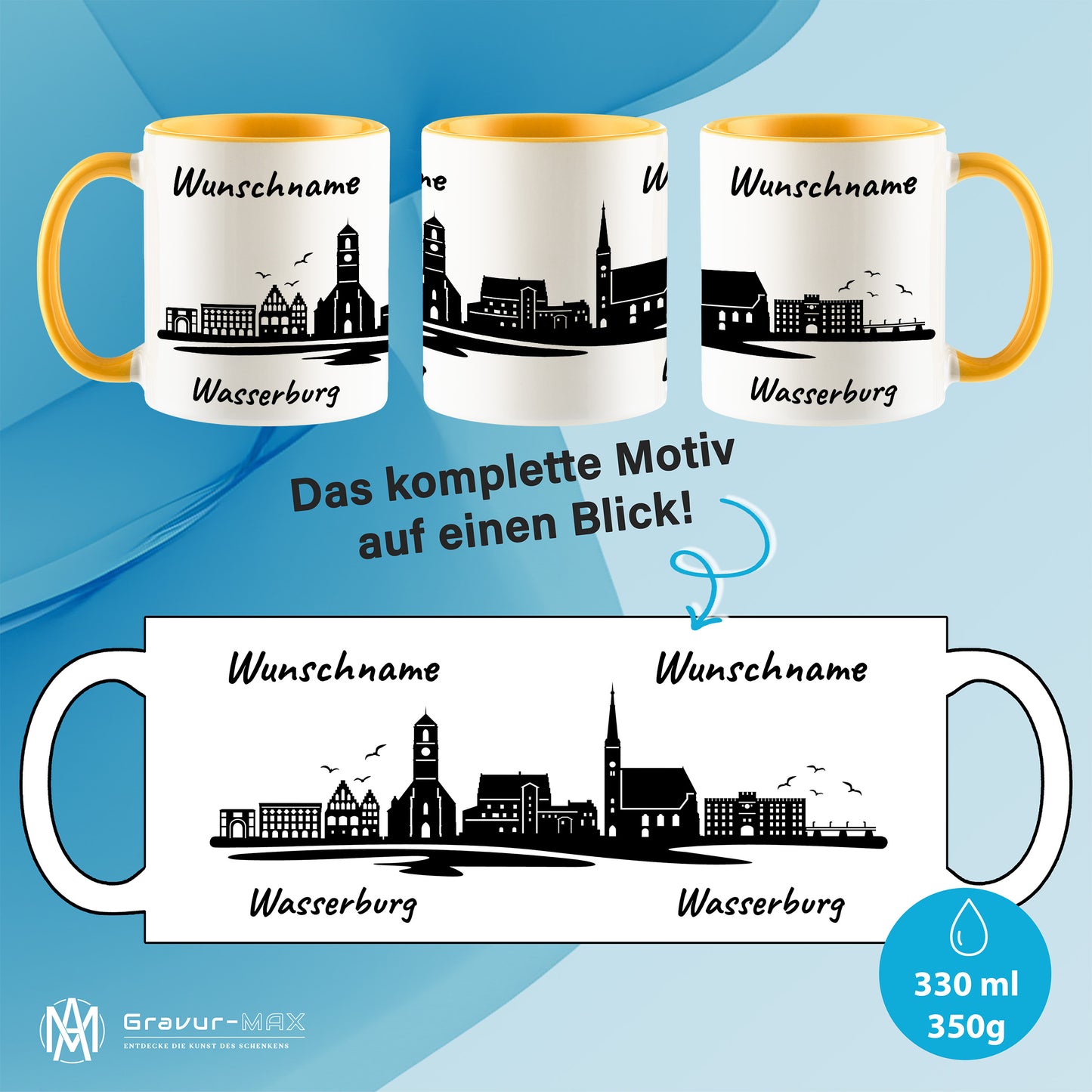 Tasse in Goldgelb 330ml bedruckt mit der Skyline von Wasserburg personalisierbar mit Wunschname