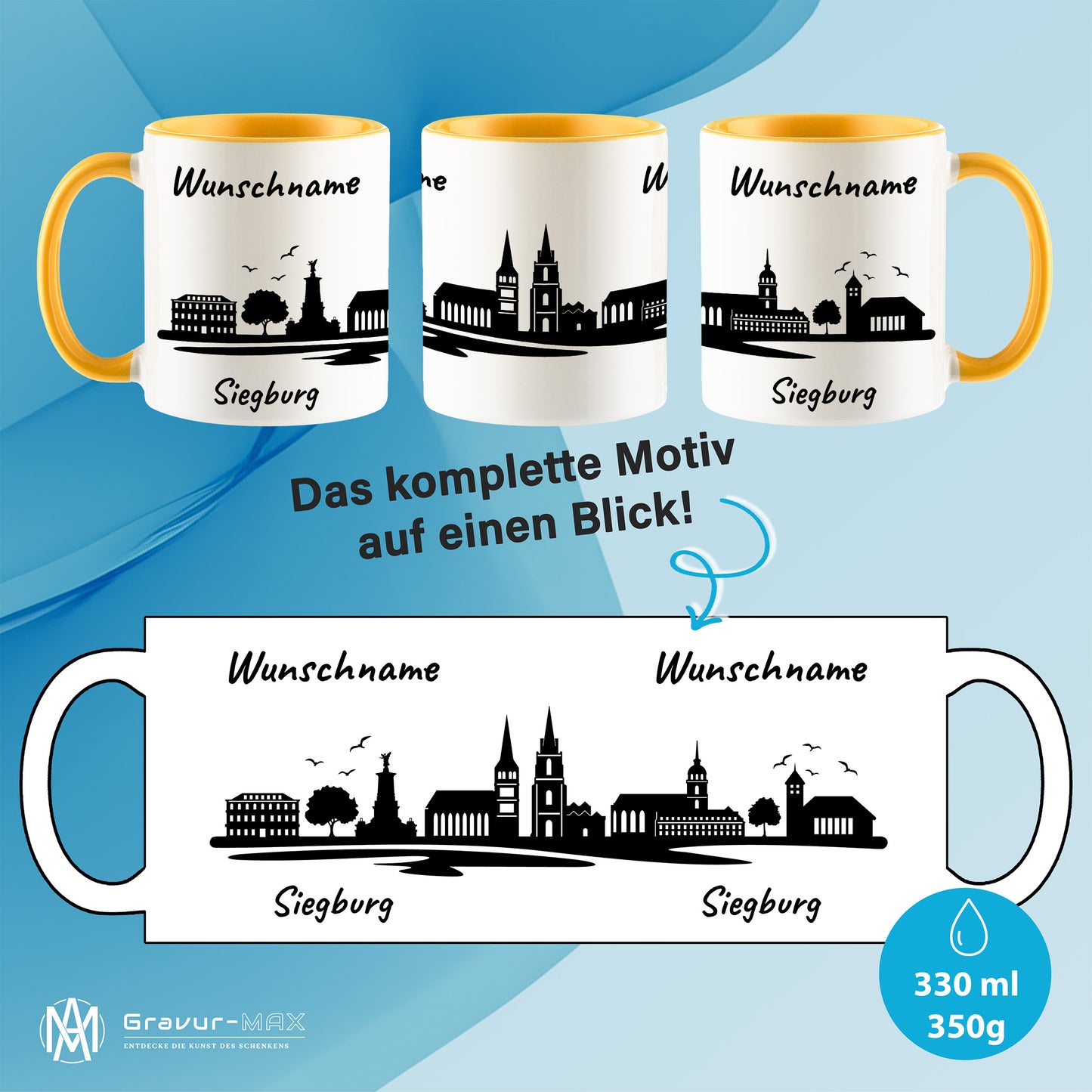 Tasse in Goldgelb 330ml bedruckt mit der Skyline von Siegburg personalisierbar mit Wunschname
