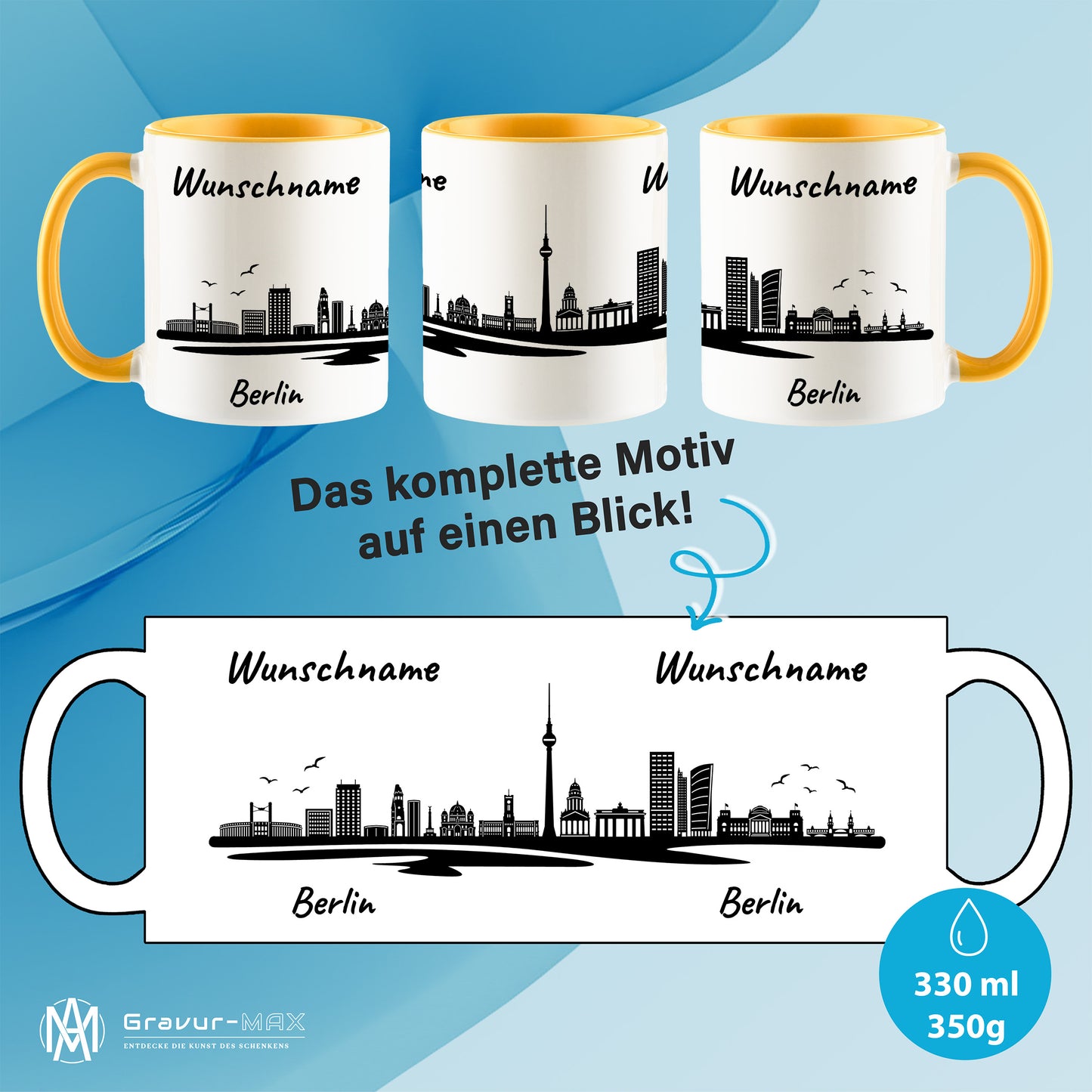 Tasse in Goldgelb 330ml bedruckt mit der Skyline von Berlin personalisierbar mit Wunschname