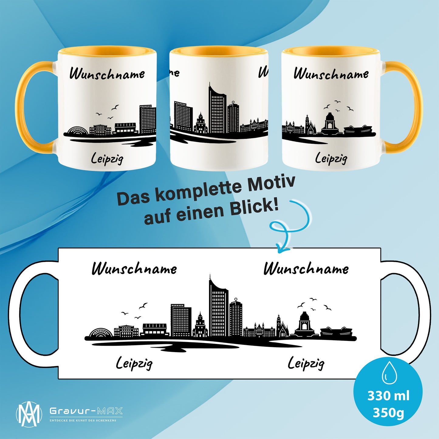 Tasse in Goldgelb 330ml bedruckt mit der Skyline von Leipzig personalisierbar mit Wunschname