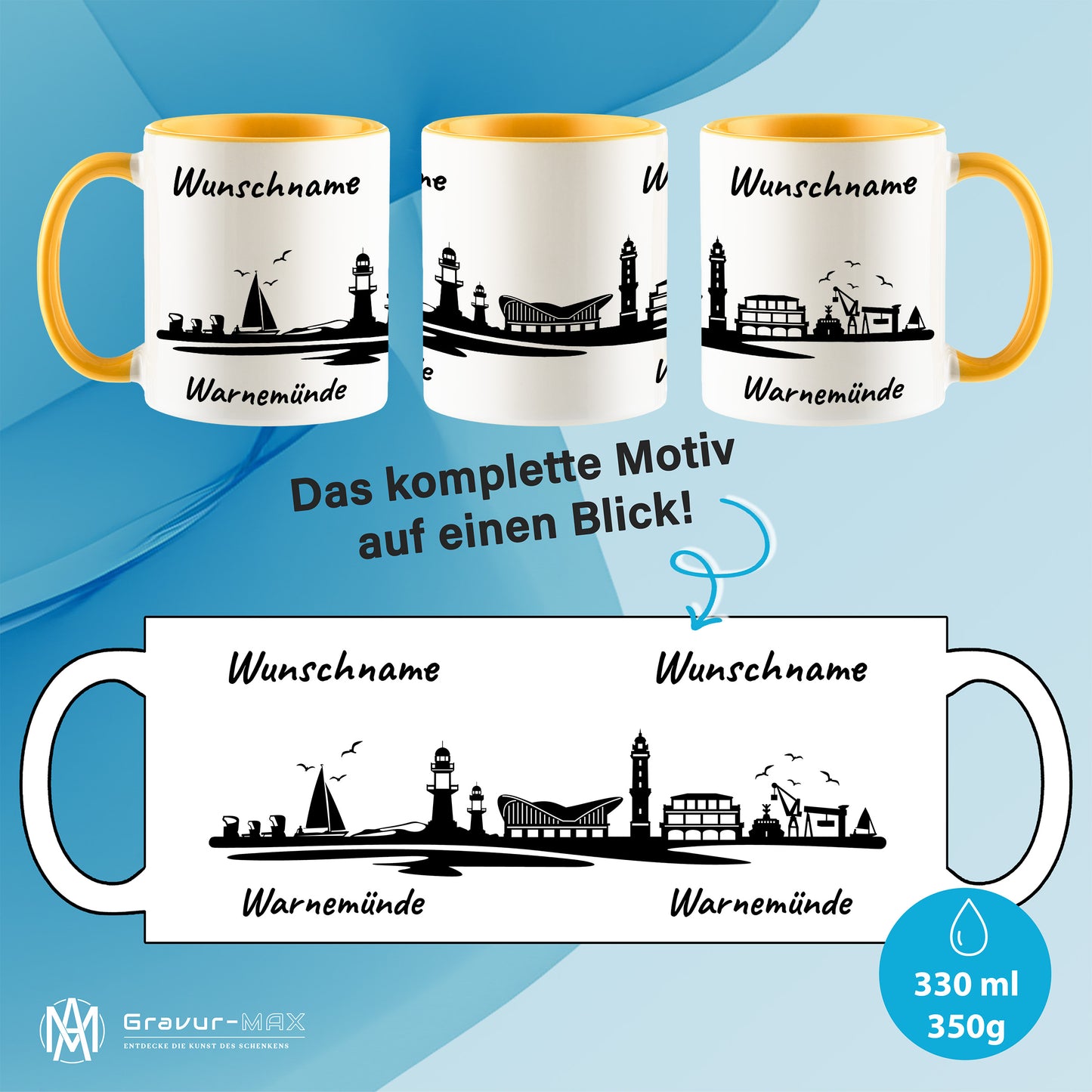 Tasse in Goldgelb 330ml bedruckt mit der Skyline von Warnemünde personalisierbar mit Wunschname