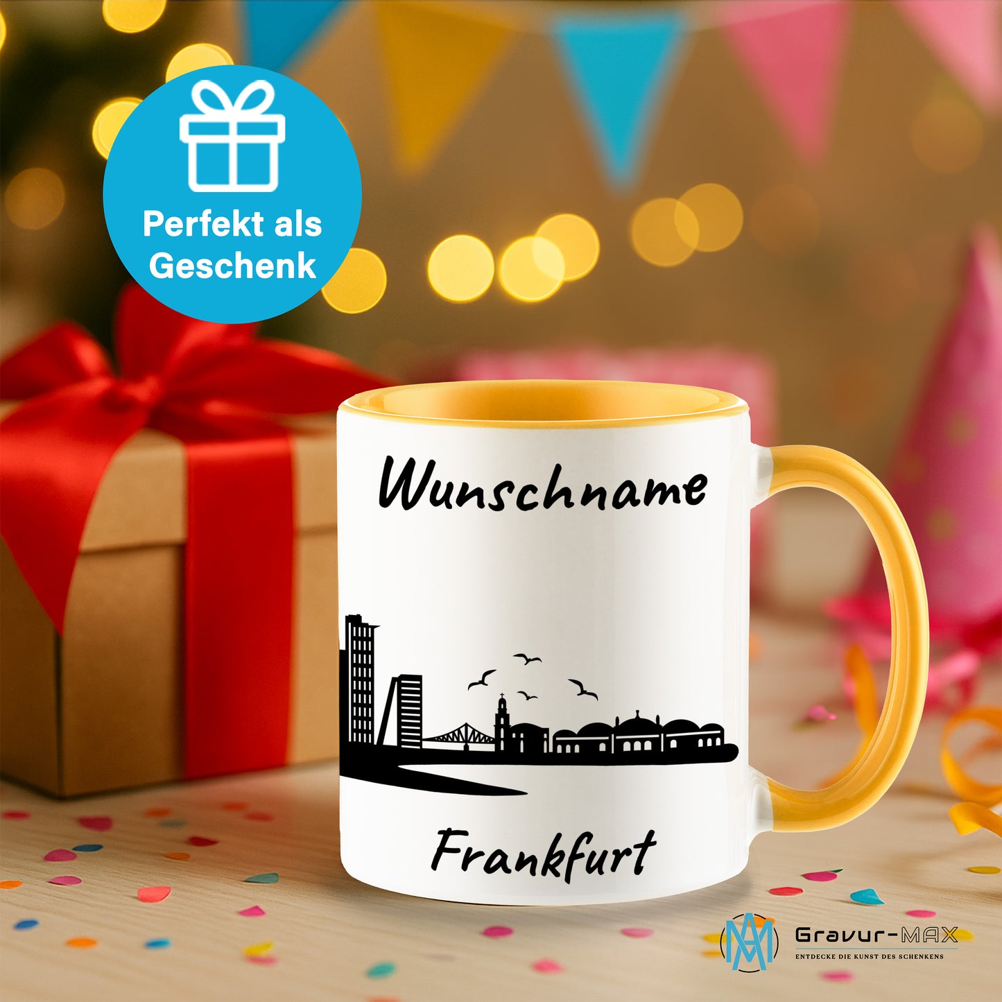 Tasse in Goldgelb 330ml bedruckt mit der Skyline von Frankfurt personalisierbar mit Wunschname