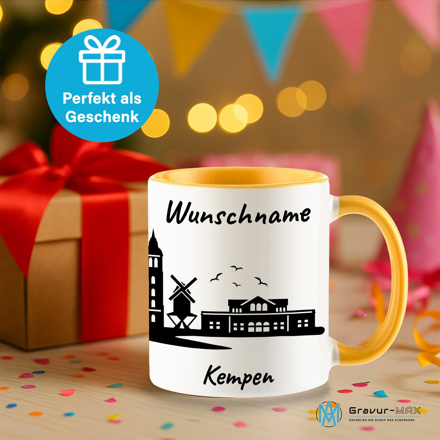 Tasse in Goldgelb 330ml bedruckt mit der Skyline von Kempen personalisierbar mit Wunschname