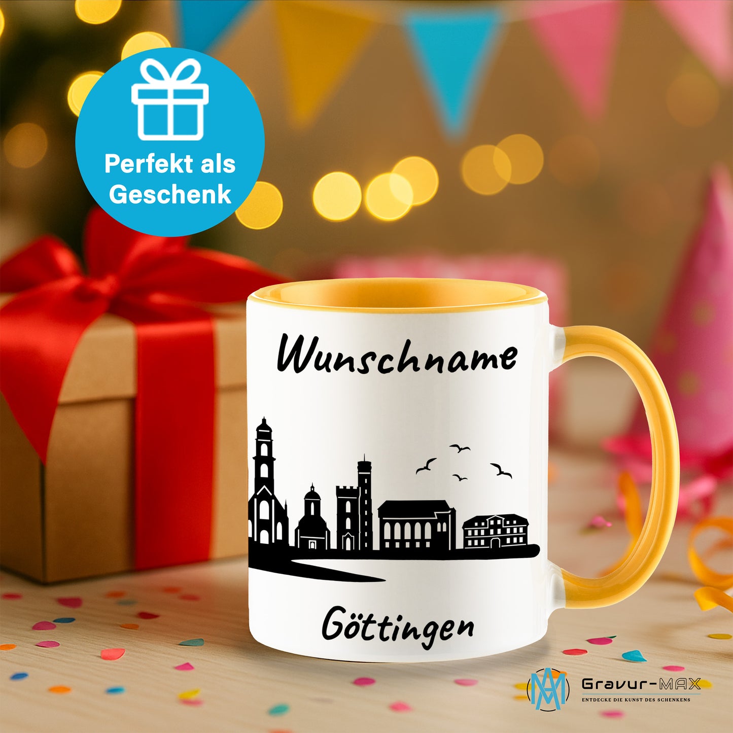 Tasse in Goldgelb 330ml bedruckt mit der Skyline von Göttingen personalisierbar mit Wunschname