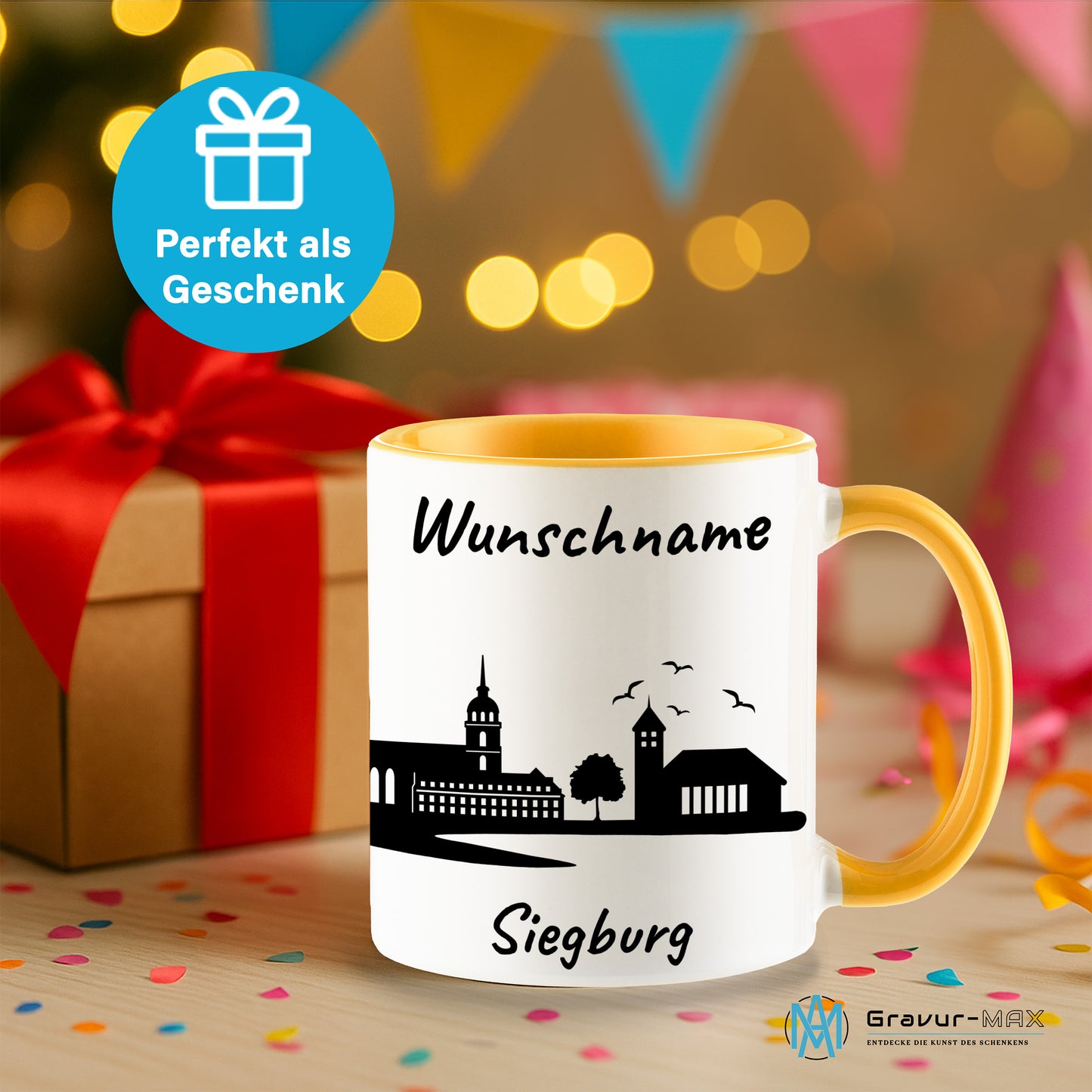 Tasse in Goldgelb 330ml bedruckt mit der Skyline von Siegburg personalisierbar mit Wunschname