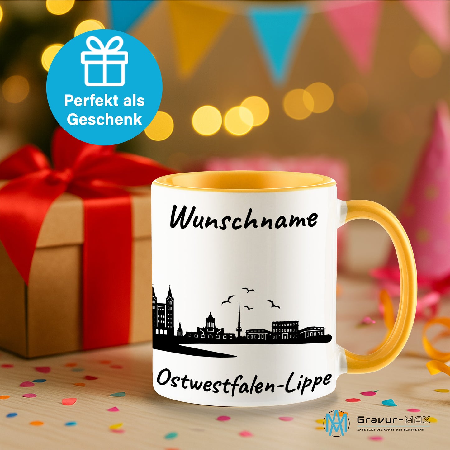 Tasse in Goldgelb 330ml bedruckt mit der Skyline von Ostwestfalen-Lippe personalisierbar mit Wunschname