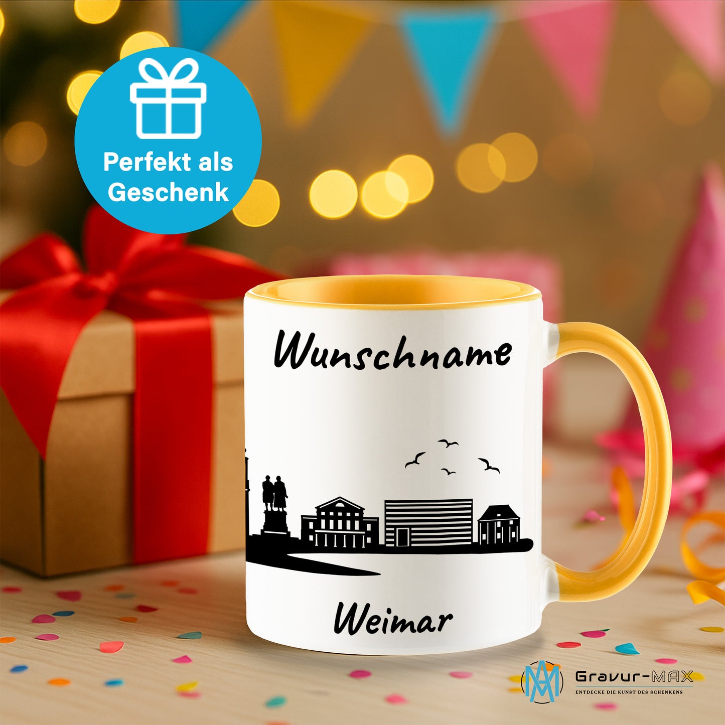 Tasse in Goldgelb 330ml bedruckt mit der Skyline von Weimar personalisierbar mit Wunschname