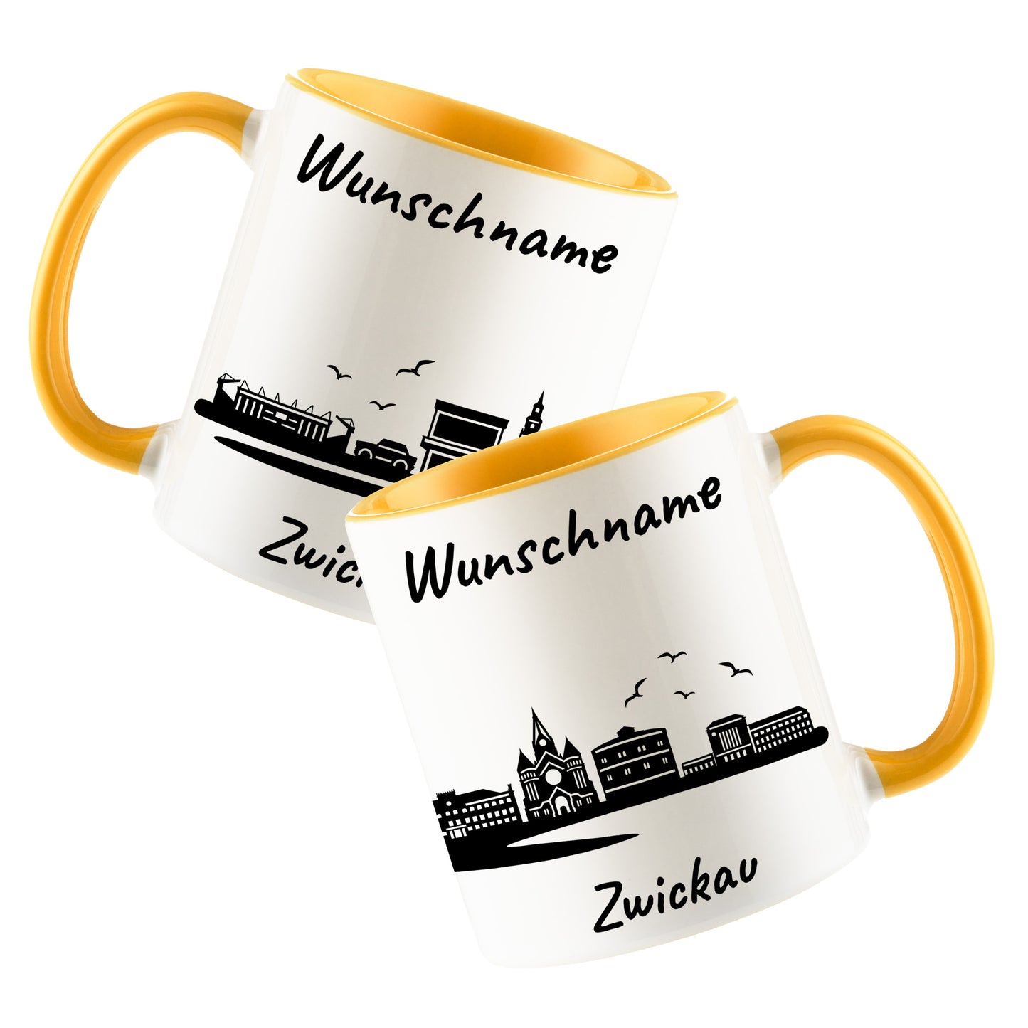 Tasse in Goldgelb 330ml bedruckt mit der Skyline von Zwickau personalisierbar mit Wunschname