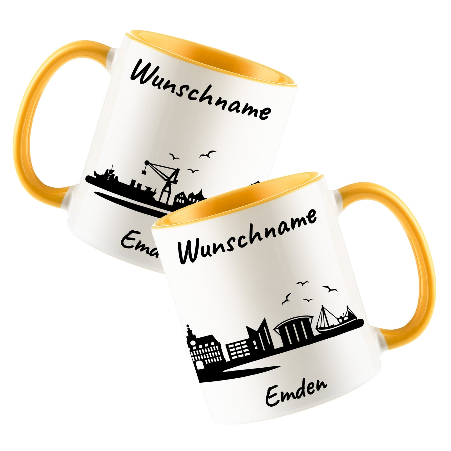 Tasse in Goldgelb 330ml bedruckt mit der Skyline von Emden personalisierbar mit Wunschname