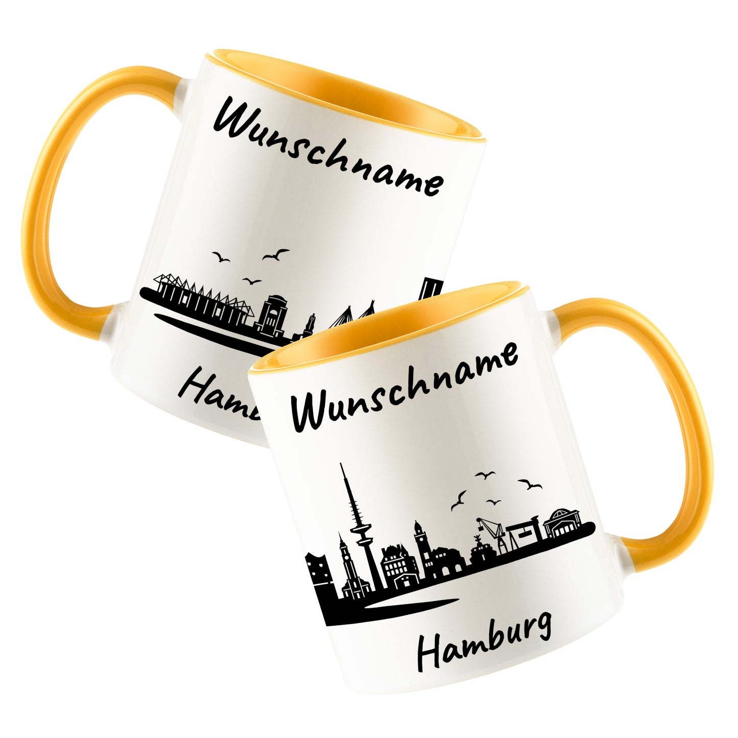 Tasse in Goldgelb 330ml bedruckt mit der Skyline von Hamburg personalisierbar mit Wunschname