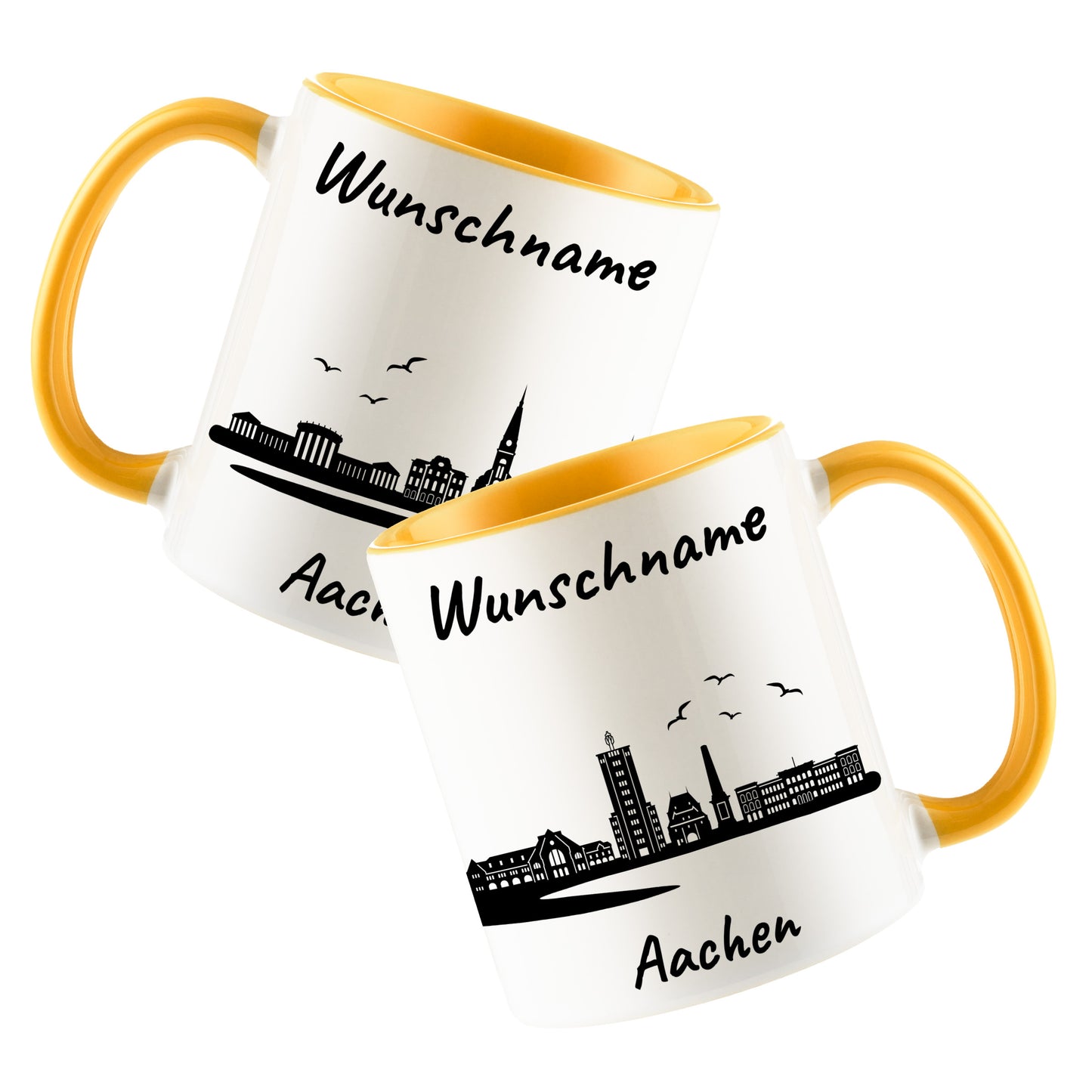 Tasse in Goldgelb 330ml bedruckt mit der Skyline von Aachen personalisierbar mit Wunschname