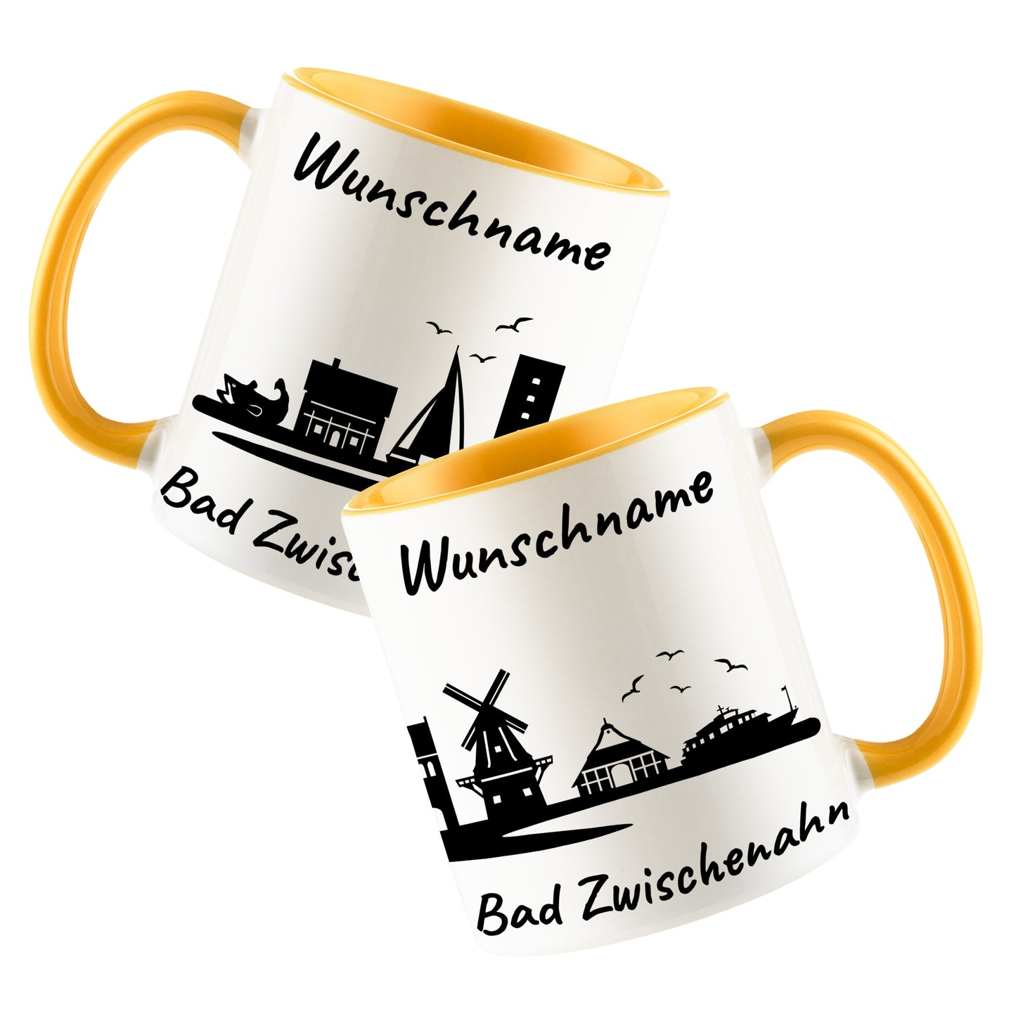 Tasse in Goldgelb 330ml bedruckt mit der Skyline von Bad Zwischenahn personalisierbar mit Wunschname