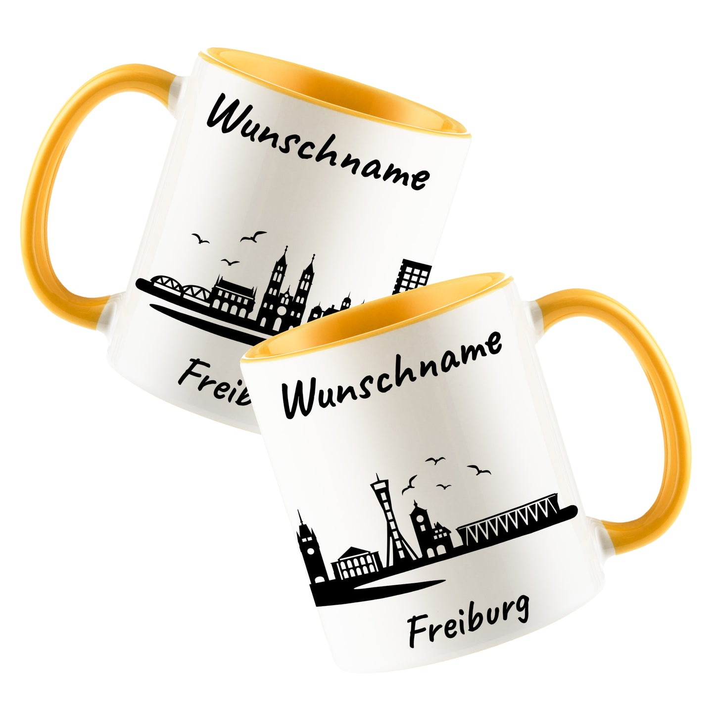 Tasse in Goldgelb 330ml bedruckt mit der Skyline von Freiburg personalisierbar mit Wunschname