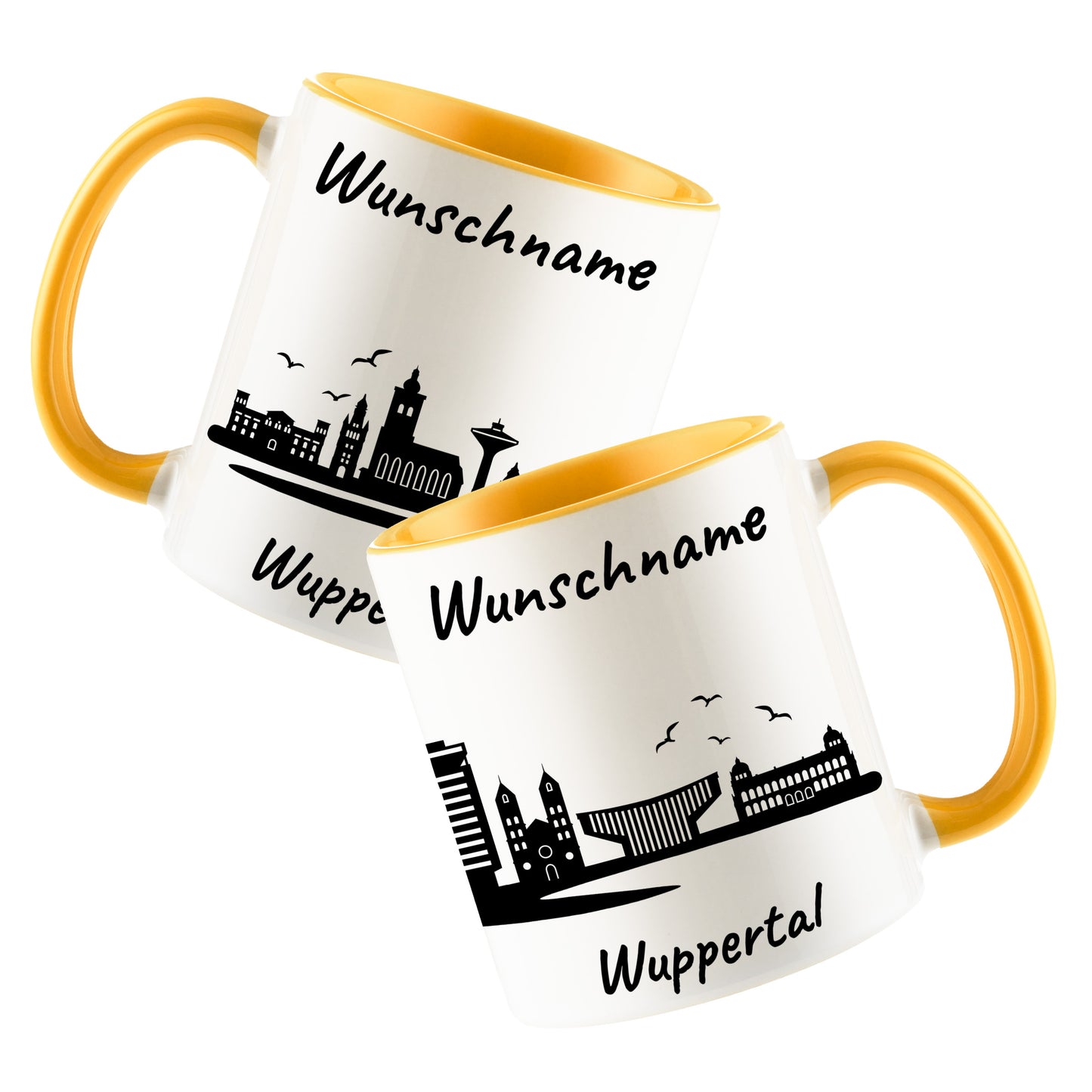 Tasse in Goldgelb 330ml bedruckt mit der Skyline von Wuppertal personalisierbar mit Wunschname