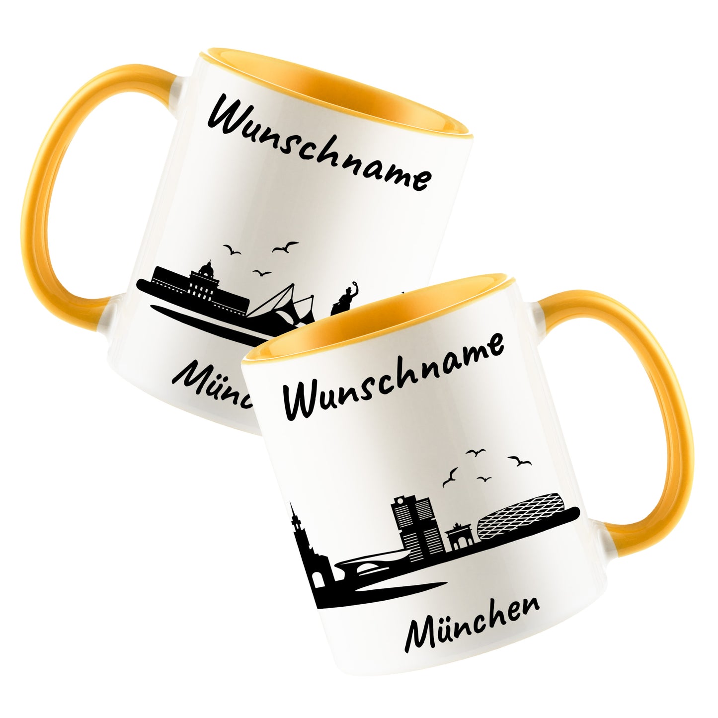 Tasse in Goldgelb 330ml bedruckt mit der Skyline von München personalisierbar mit Wunschname