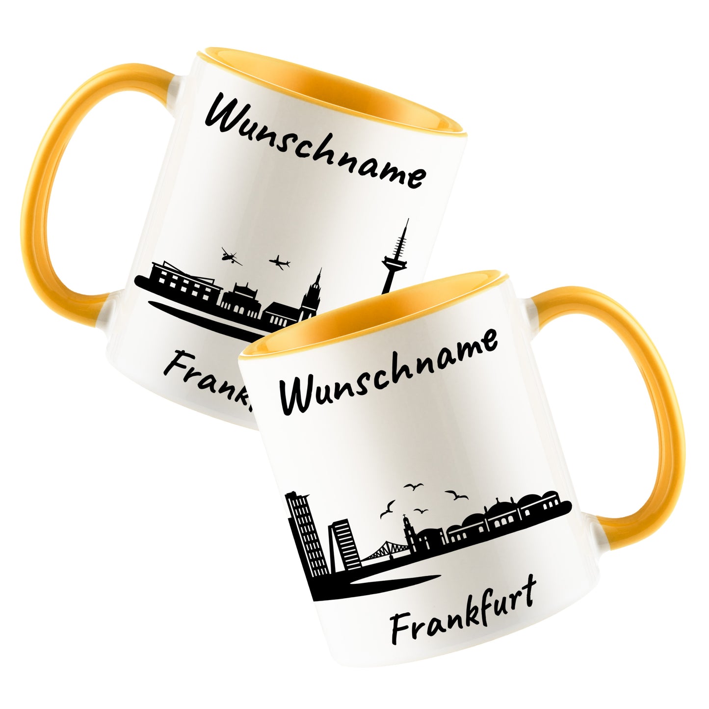 Tasse in Goldgelb 330ml bedruckt mit der Skyline von Frankfurt personalisierbar mit Wunschname