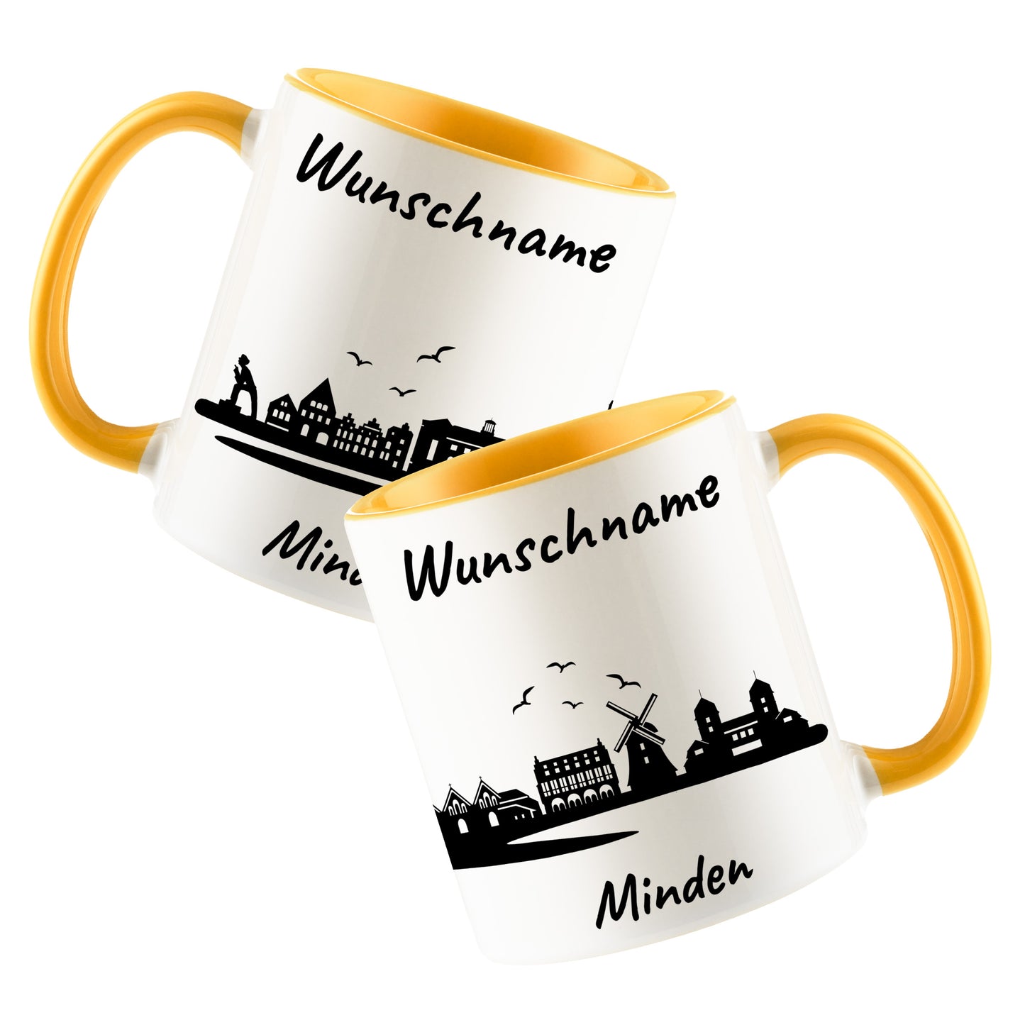 Tasse in Goldgelb 330ml bedruckt mit der Skyline von Minden personalisierbar mit Wunschname