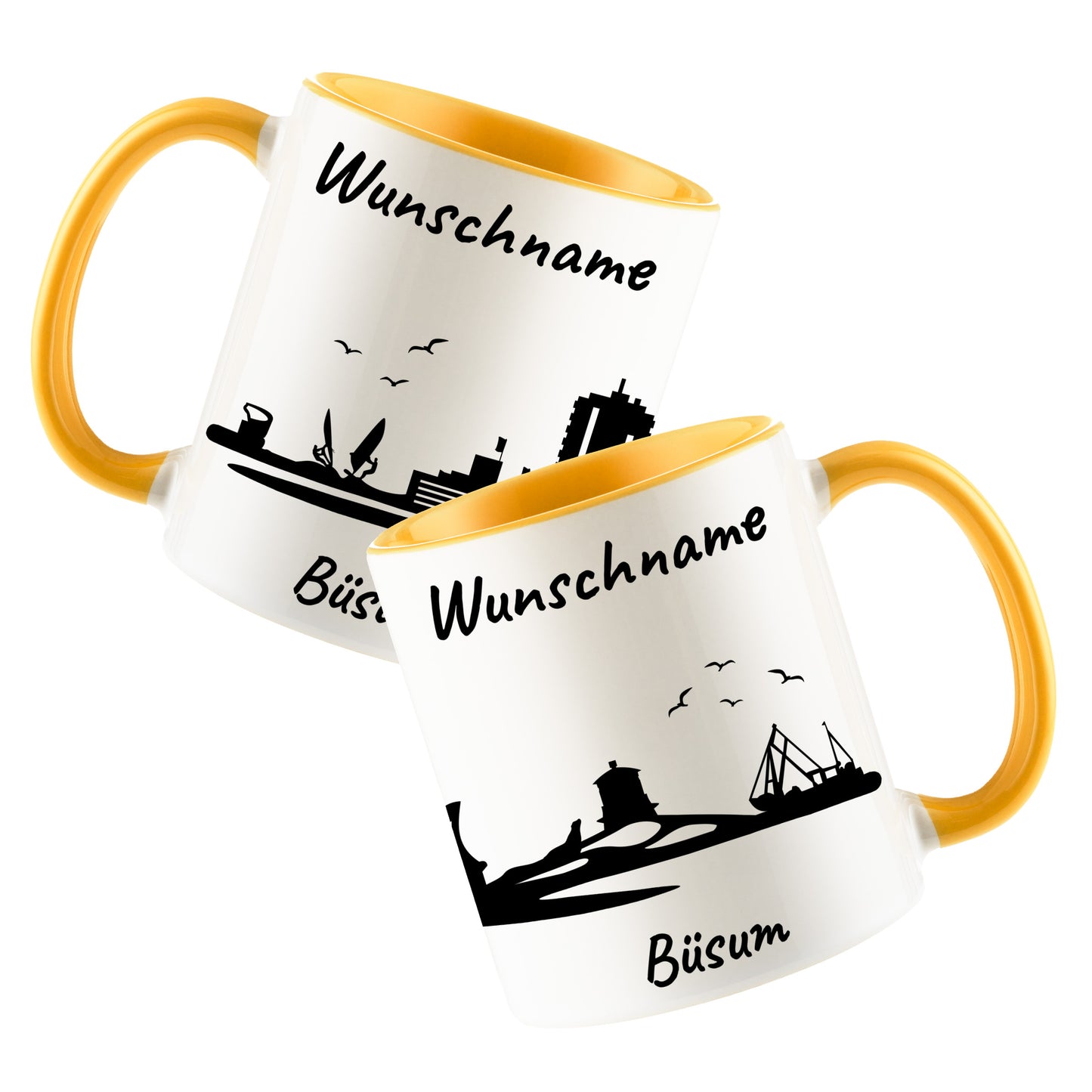 Tasse in Goldgelb 330ml bedruckt mit der Skyline von Büsum personalisierbar mit Wunschname