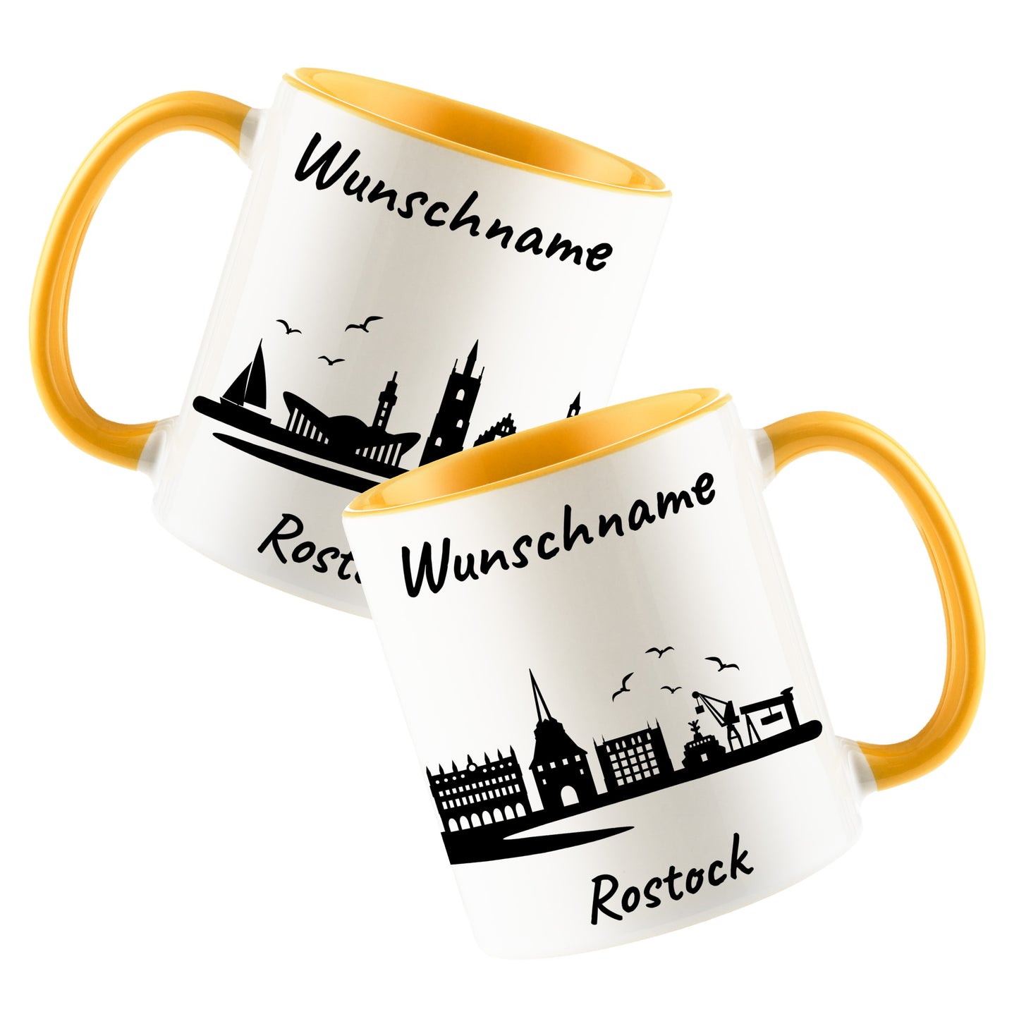 Tasse in Goldgelb 330ml bedruckt mit der Skyline von Rostock personalisierbar mit Wunschname