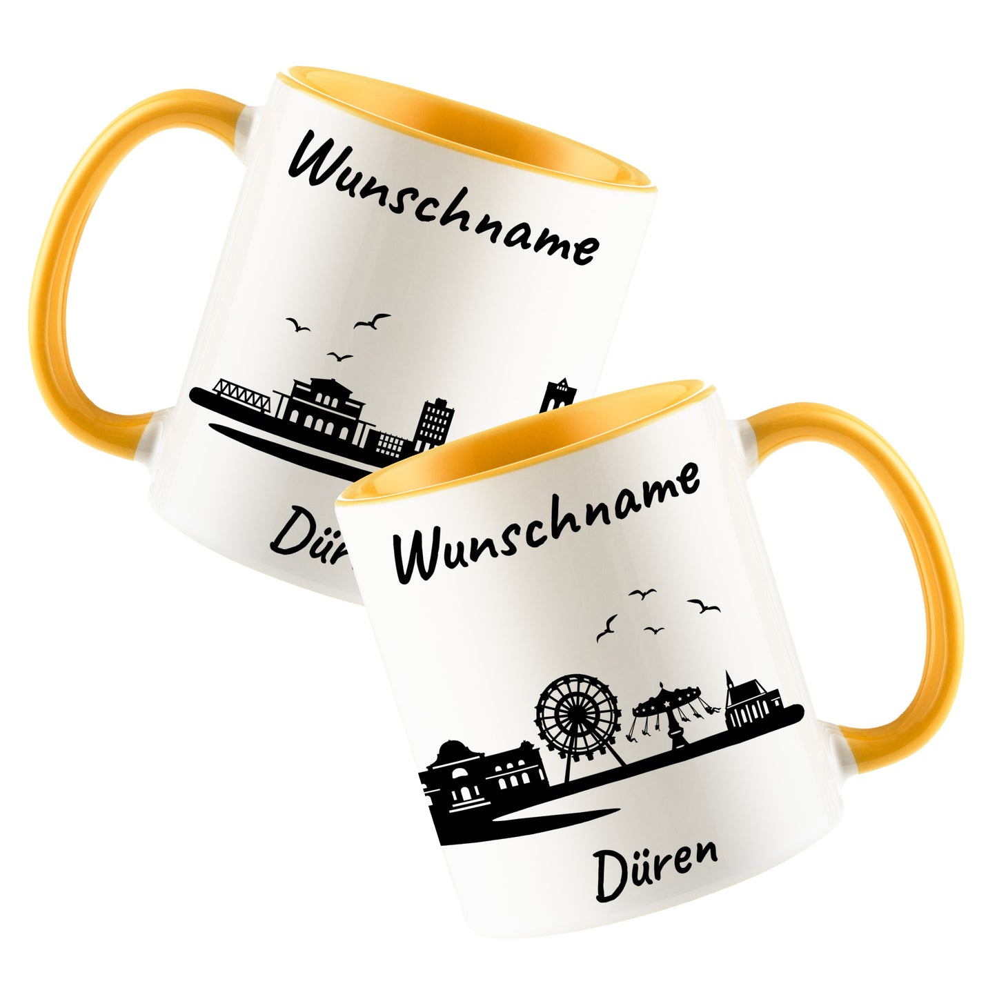 Tasse in Goldgelb 330ml bedruckt mit der Skyline von Düren personalisierbar mit Wunschname